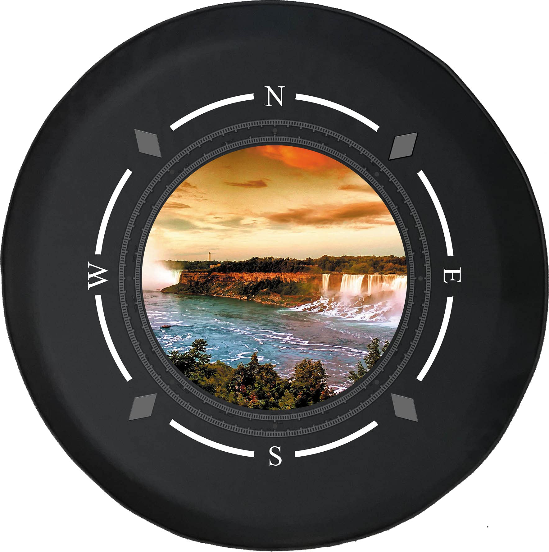 Premium American Unlimited Spare Tire Cover with Compass & Waterfall Design - White Water & Golden Sky Wheel Cover for SUV, Trailer, RV Accessories | Durable & Weather-Resistant for Off-Road Adventures & Camping Trips