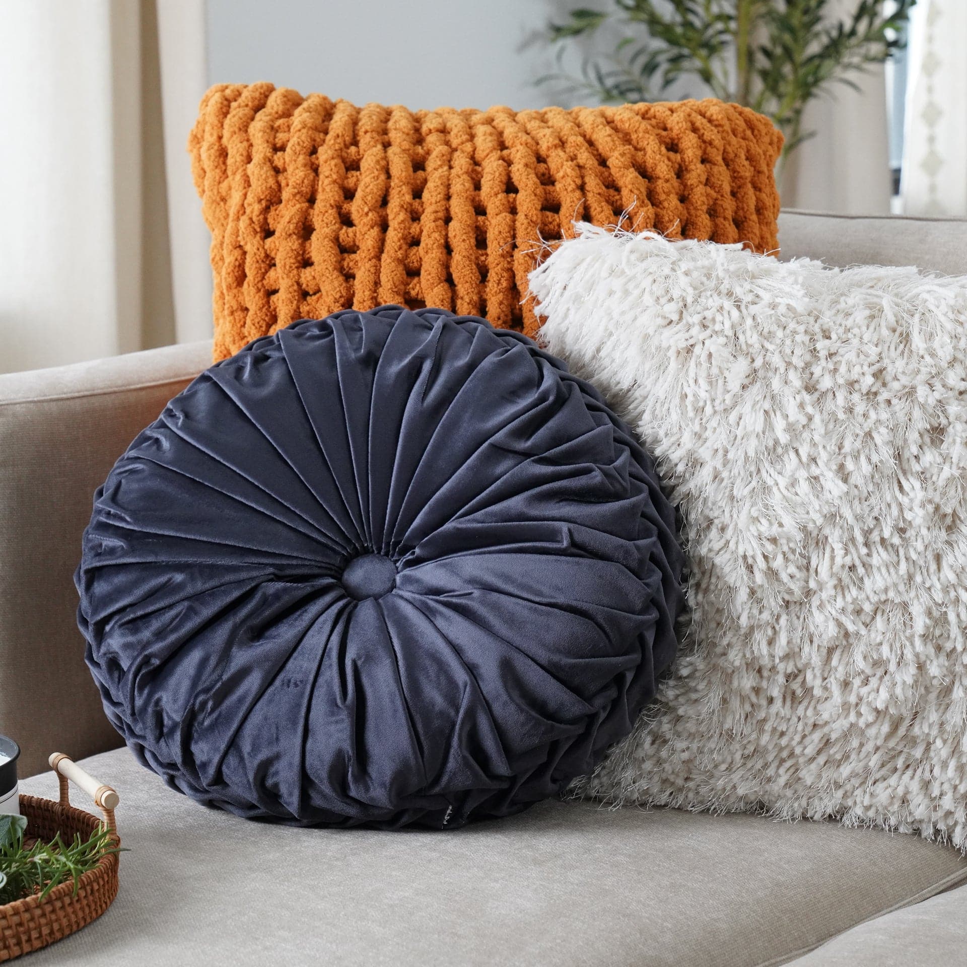 Round Pleated Soft Velvet Throw Pillow - Elegant Home Decor for Sofa, Bed & Couch - Cozy Accent Pillow for Living Room, Bedroom & Nursery