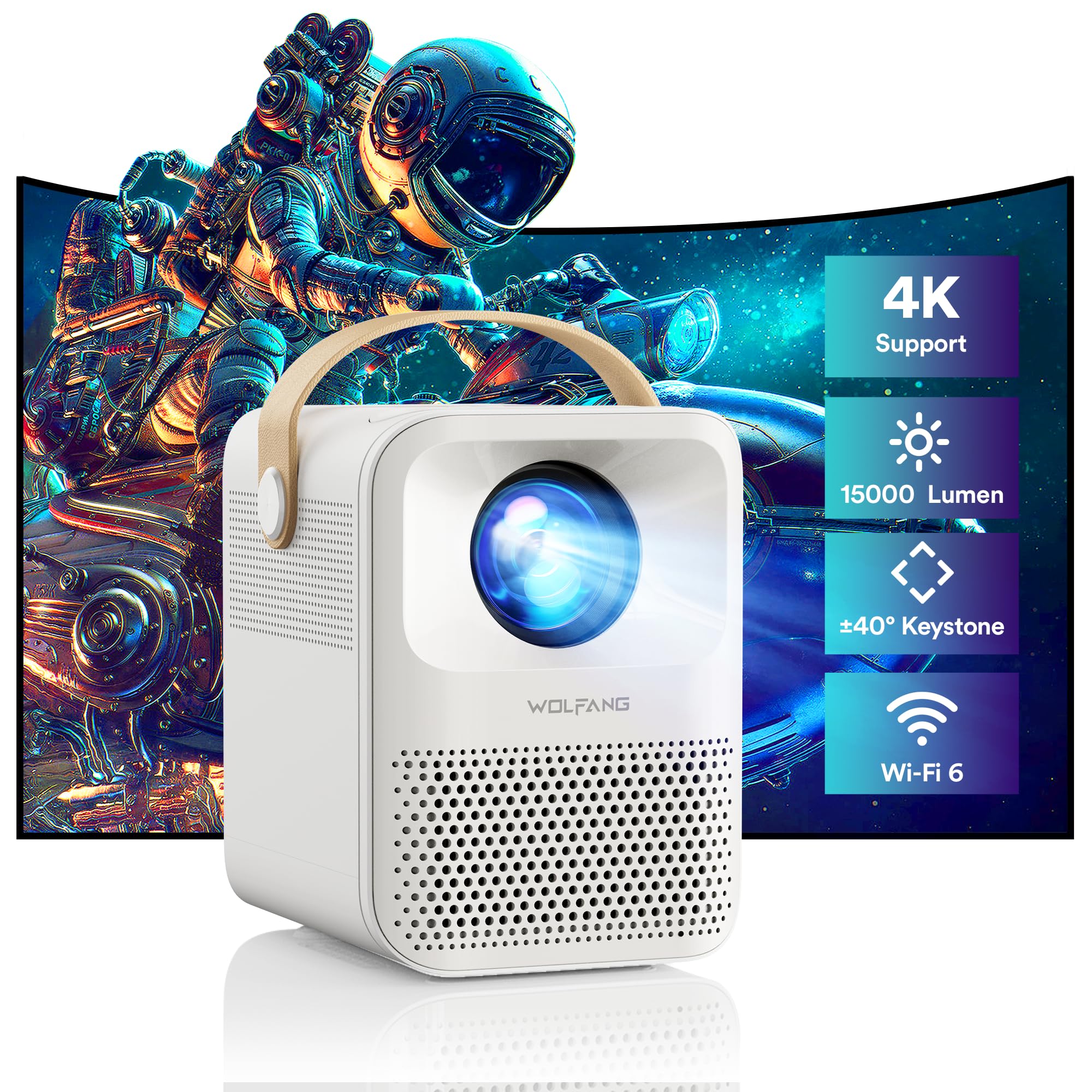 WOLFANG 4K Mini Projector - 15000L Portable Movie Projector with 5G WiFi & Bluetooth, 200