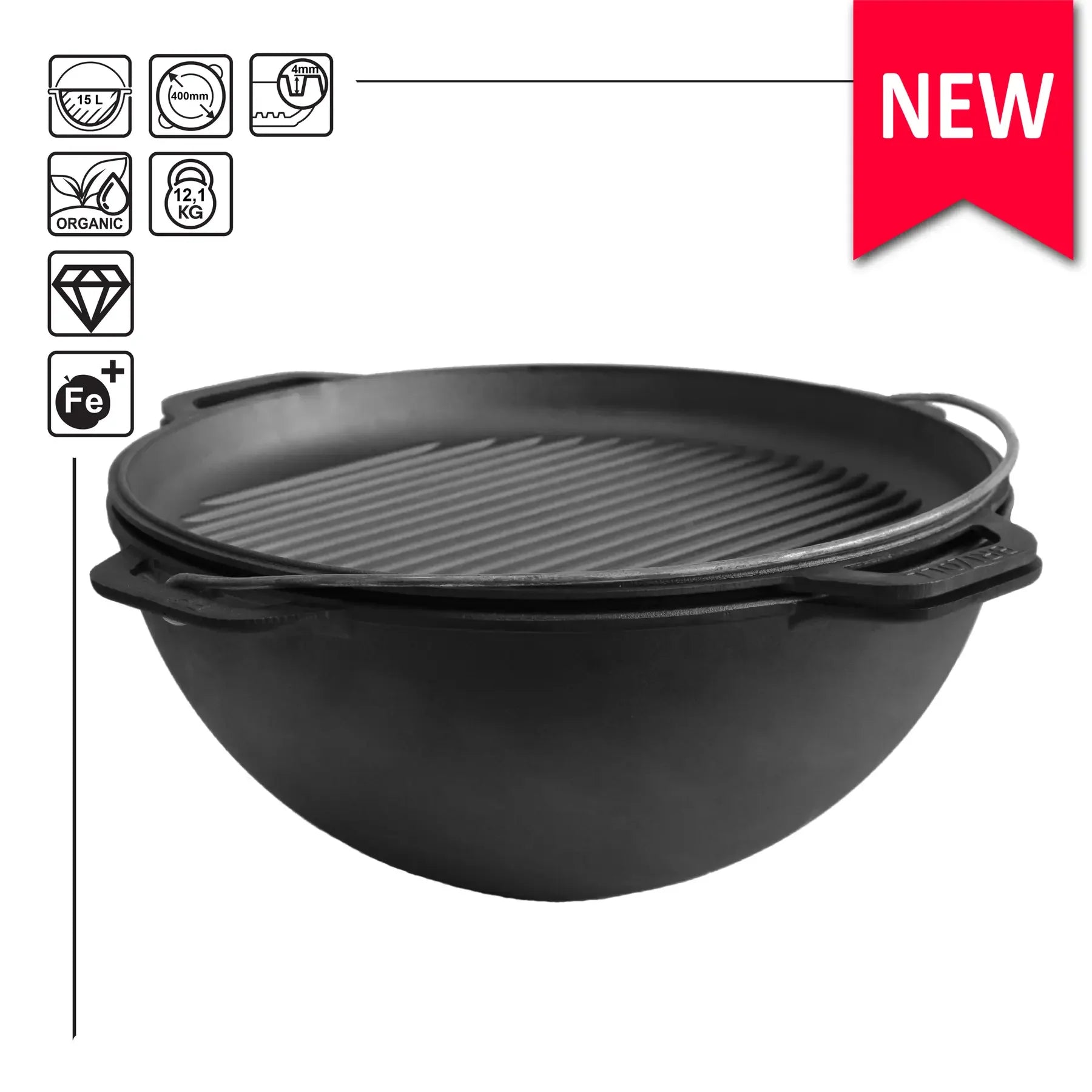 15.85 Quart Combo Cooker Cauldron Asian Kazan with Frying Pan Lid & Grill - Dutch Oven for Camping, Outdoor Cooking & BBQ - Perfect for Stews, Soups & Deep Frying