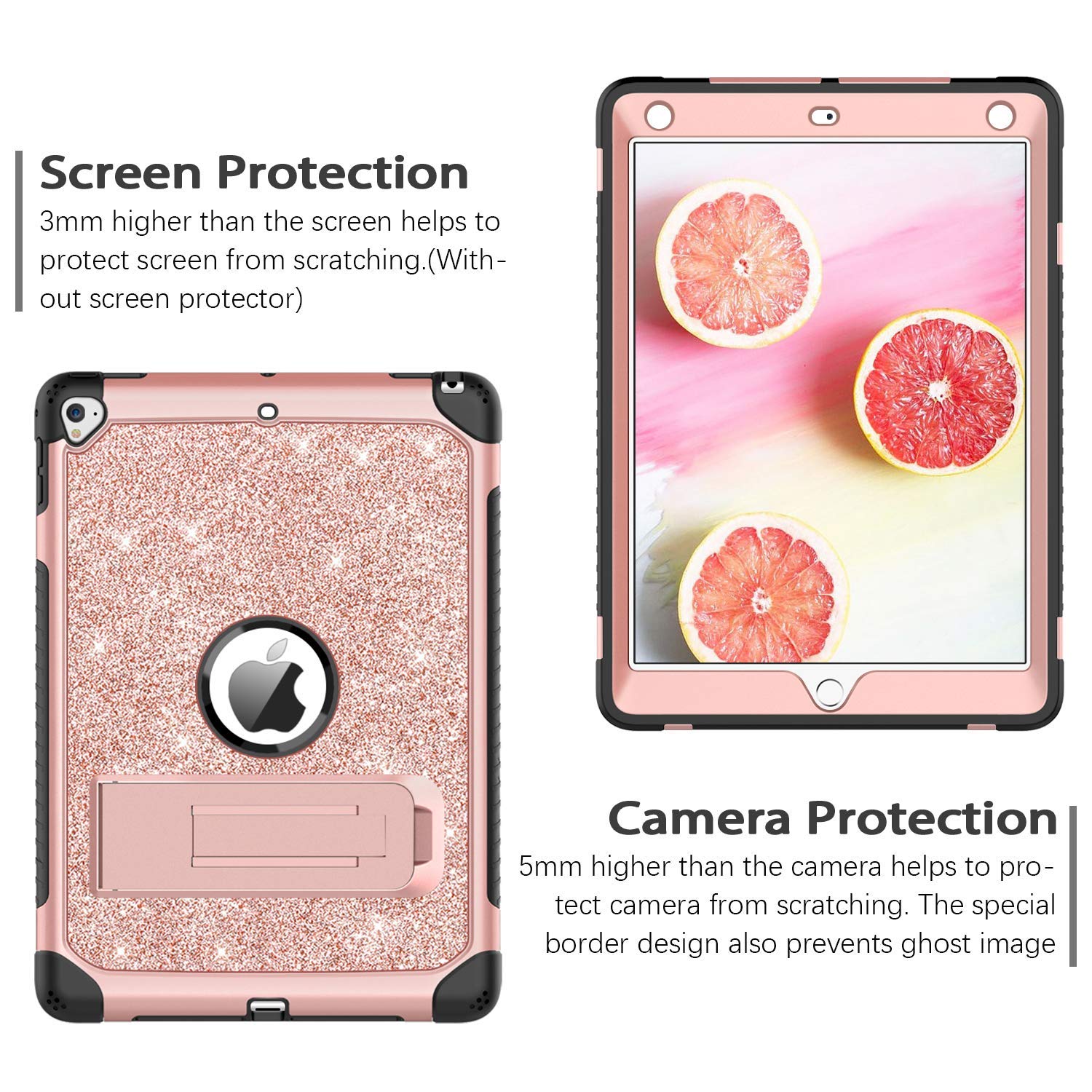 DUEDUE Shockproof iPad Case - Compatible with iPad 9.7 (2017/2018), iPad Air 2, iPad 6th/5th Gen & iPad Pro 9.7 | 3-in-1 Heavy Duty Hard PC Cover with Kickstand & Glitter Bling Design (Pink) - Perfect for Work, School & Travel Protection