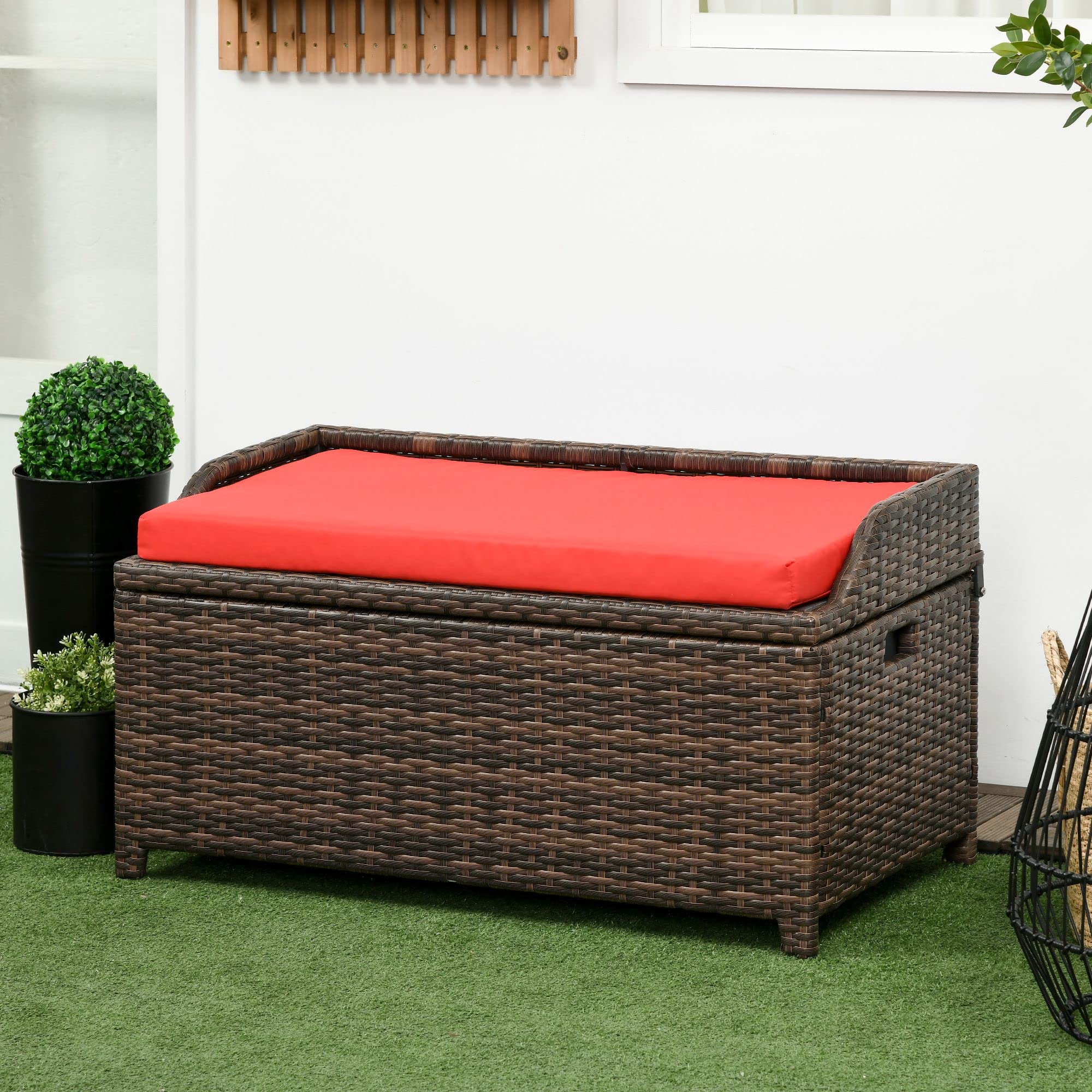 Outsunny 38 Gallon Outdoor Wicker Storage Bench Deck Box - Waterproof PE Rattan Patio Furniture with Cushion & Storage Bag - Perfect for Poolside, Garden, Deck, and Backyard Organization (Red)