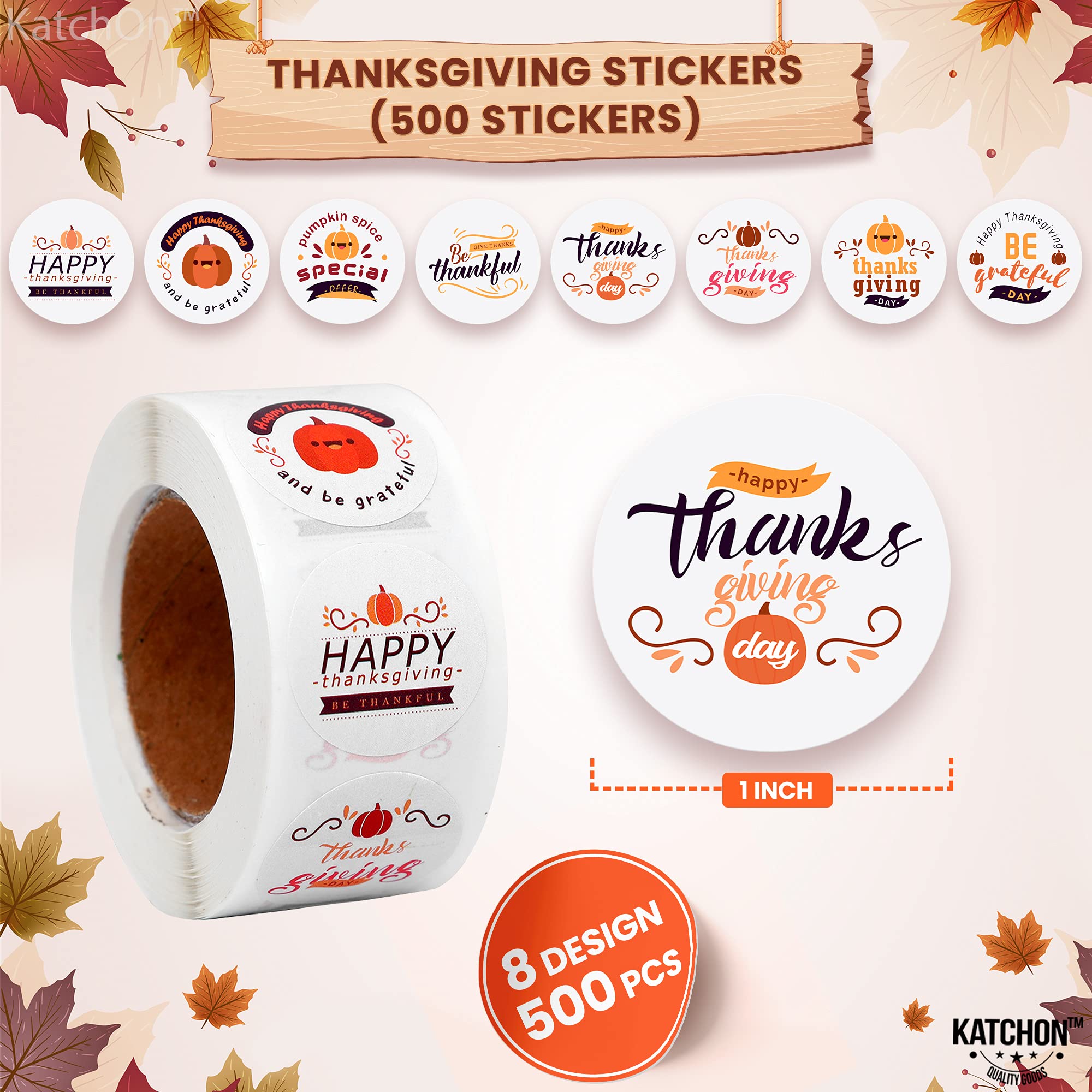 KatchOn Thanksgiving Stickers Roll - 500 Pcs | Kids Thanksgiving Stickers for Envelopes, Party Favors & Fall Decorations | Waterproof Vinyl Stickers for Scrapbooking, Journals & Holiday Crafts