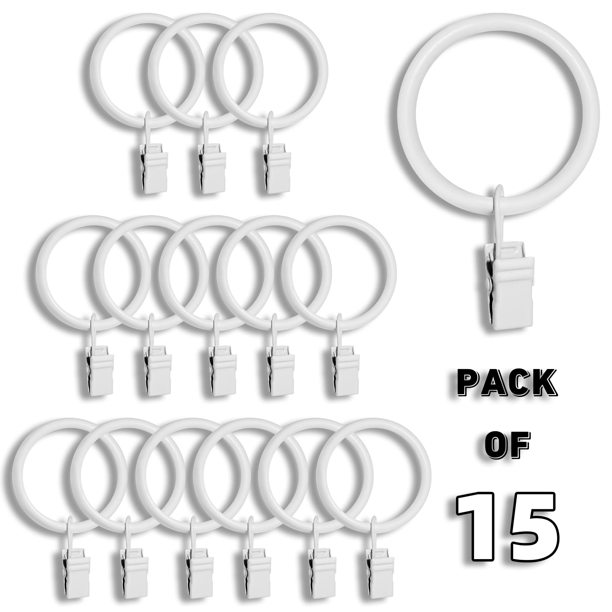 TRMESIA White Curtain Rings with Clips - 15 Pack, 1.5
