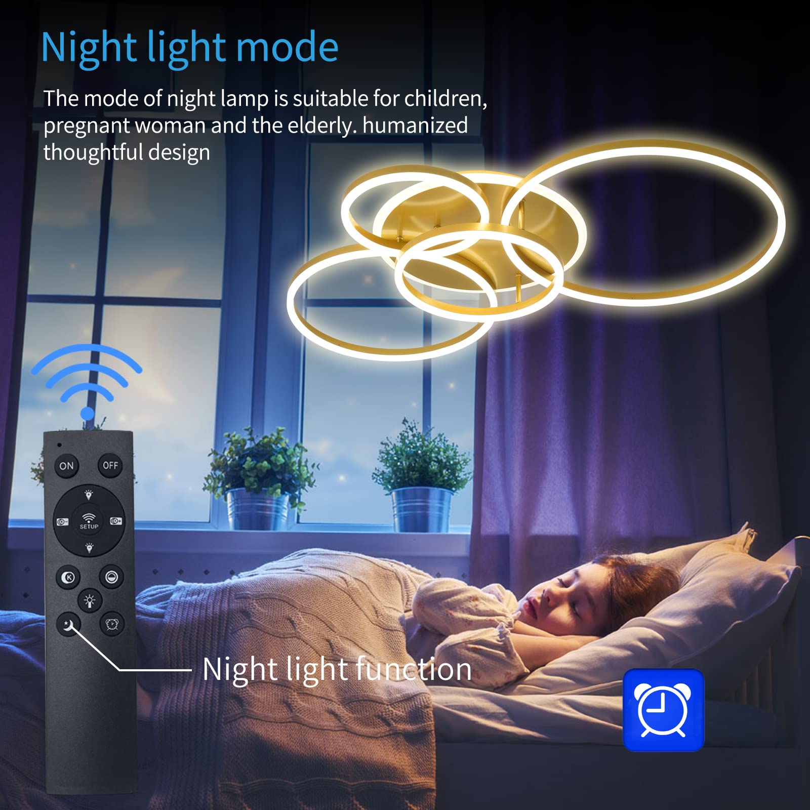 90W Modern LED Ceiling Light Fixture - Dimmable Flush Mount Chandelier with Remote Control, 5-Ring Gold Acrylic Design for Living Room, Bedroom & Kitchen | Energy-Efficient Lighting Solution for Home Decor & Ambient Illumination