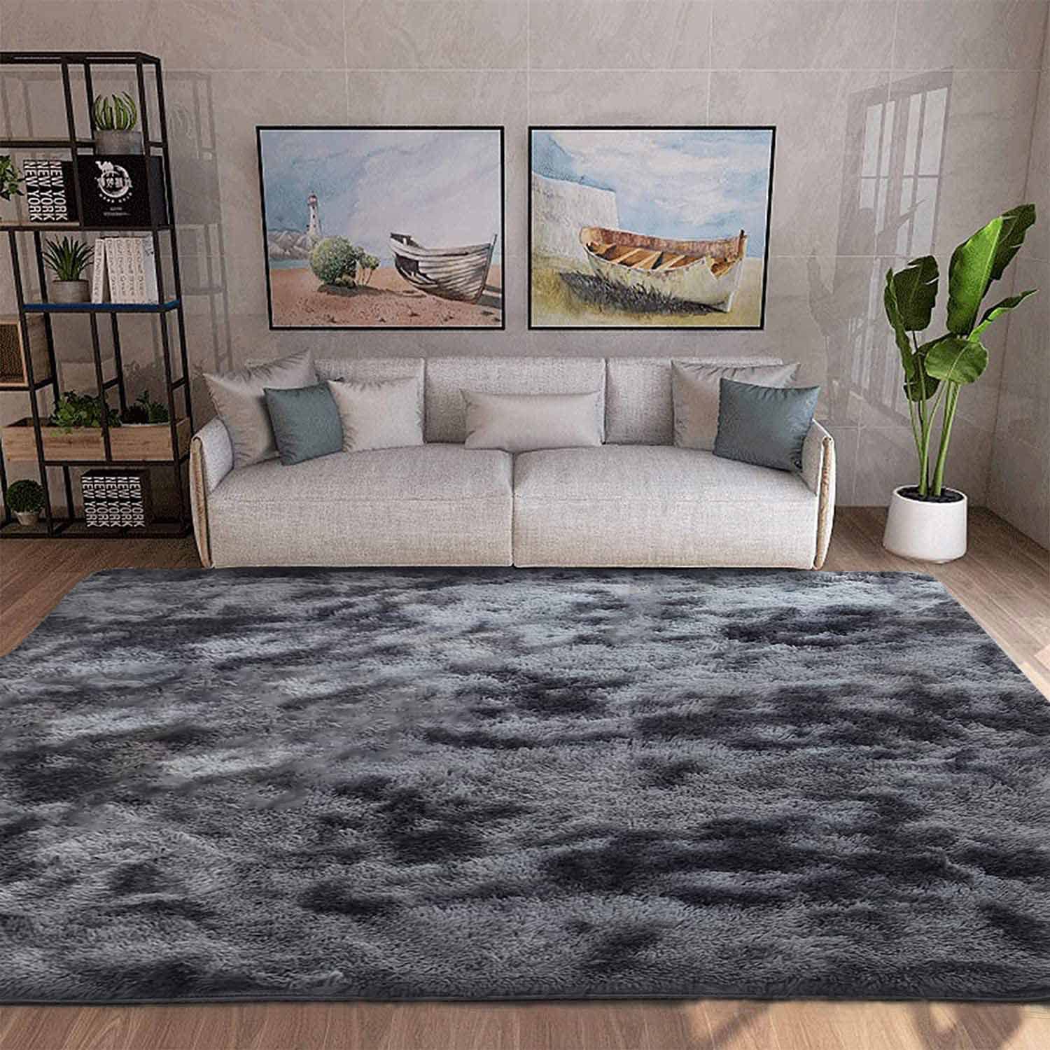 Kinganda Soft Shag Area Rugs - Non-Slip Fluffy Large Rug for Bedroom, Living Room, Nursery & Kids Room - Washable Shaggy Carpet (Black Grey, 6.5'×9.8'/200×300cm) - Perfect for Cozy Home Decor & Play Areas