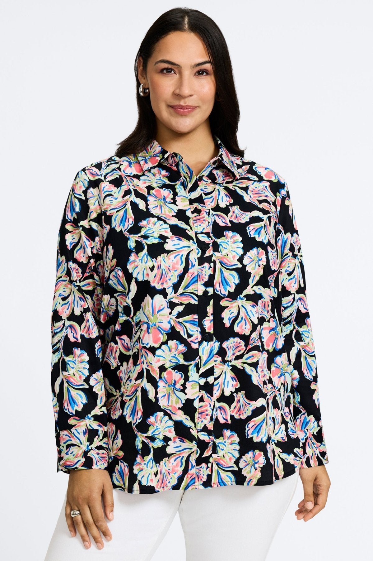 Meghan Plus Night Blossoms Long Sleeve Shirt - Floral Print Women's Blouse for Casual Wear, Office & Date Night Outfits