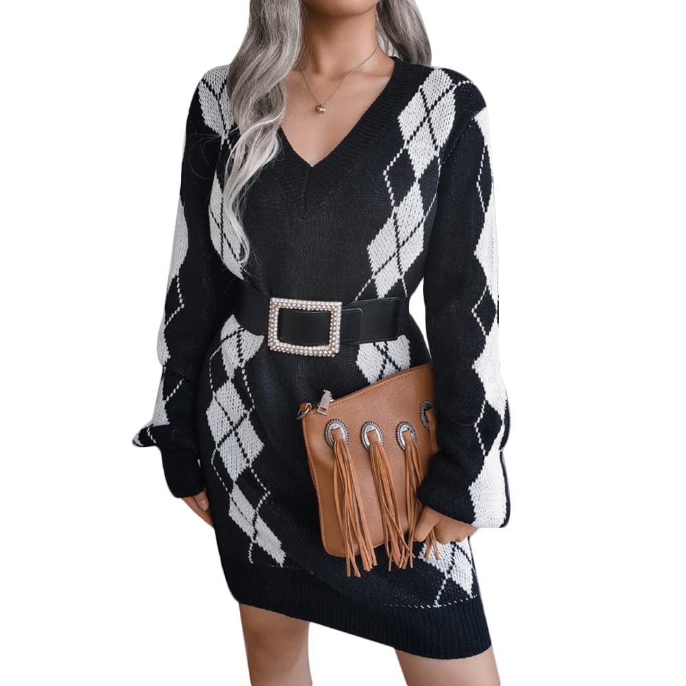Women's Casual Knit Sweater Dress - Long Sleeve V-Neck Pullover Jumper Dress for Fall & Winter | Cozy Office Wear, Date Night Outfit, Holiday Party Dress