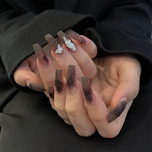 Black Press on Nails Medium Length - 24PCS Glossy Full Cover Fake Nails with Glue Stickers - Acrylic False Nails for Women & Girls - DIY Artificial Nails for Home, Parties, Weddings & Special Occasions