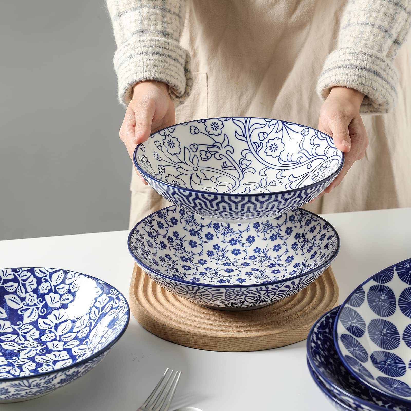 Selamica 30oz Ceramic Pasta Salad Bowls - Set of 6, 8 Inch Wide Shallow Soup Bowls, Stackable, Microwave & Oven Safe, Vintage Blue - Perfect for Serving Pasta, Salad, Soup, Ice Cream & Party Dishes