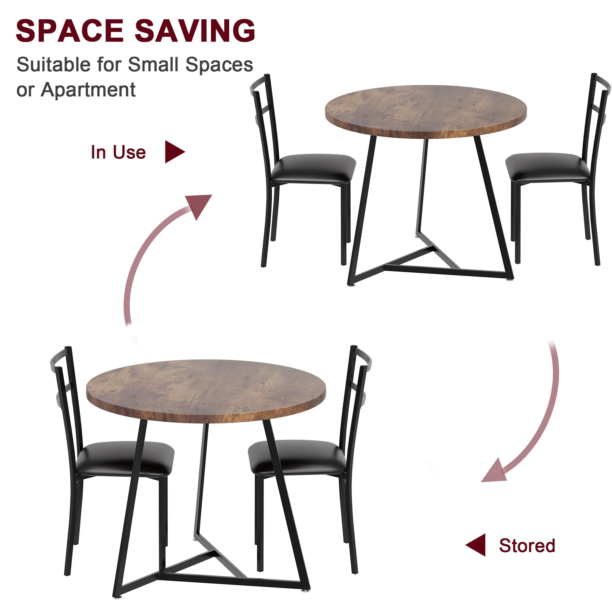 GAOMON 3-Piece Round Dining Table Set for 2 with Upholstered Chairs - Small Space Kitchen Table & Chairs for Apartments & Studios - Rustic Brown Finish - Perfect for Breakfast Nooks, Cozy Meals & Small Dining Areas