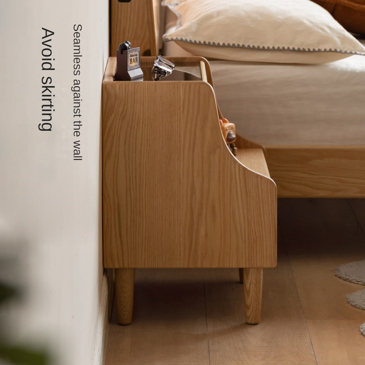 Solid Oak Wood Nightstand with Glass Top - Modern Bedside Table for Bedroom, Living Room, or Office