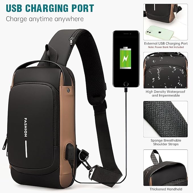Anti-Theft Crossbody Backpack for Men & Women - Waterproof Sling Bag with USB Charging Port & Lock - Perfect for Travel, Hiking, Gym & Daily Use