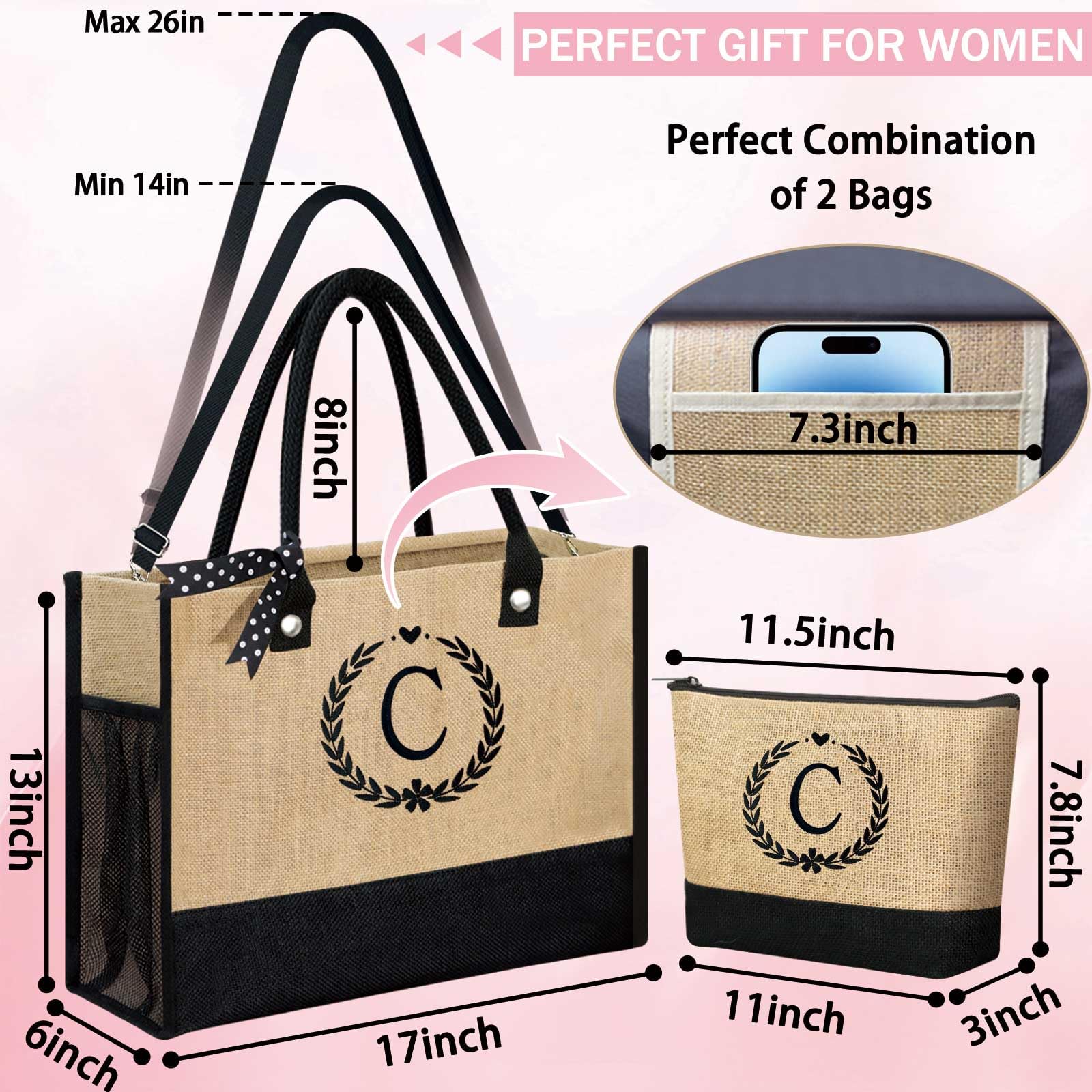 Personalized Initial Jute Tote Bag & Makeup Pouch with Zipper - Custom Gifts for Women, Brides & Moms - Perfect for Beach, Travel & Everyday Use