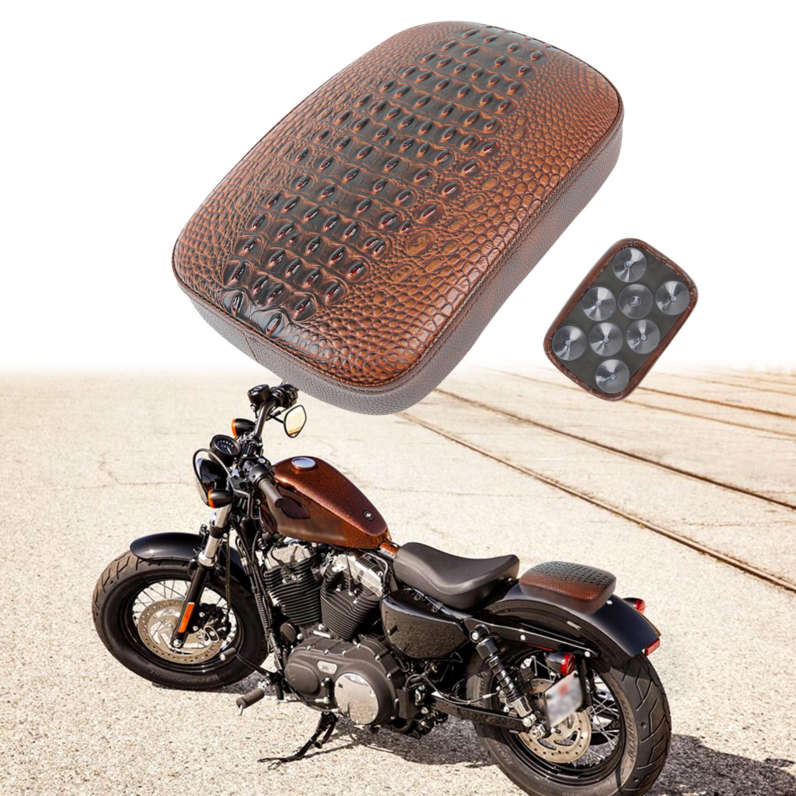 DREAMIZER Universal Motorcycle Passenger Seat Pad - Brown Crocodile Leather Pillion Cushion for Harley, Cruiser, Chopper & Custom Bikes | Comfortable Backrest for Long Rides & Road Trips