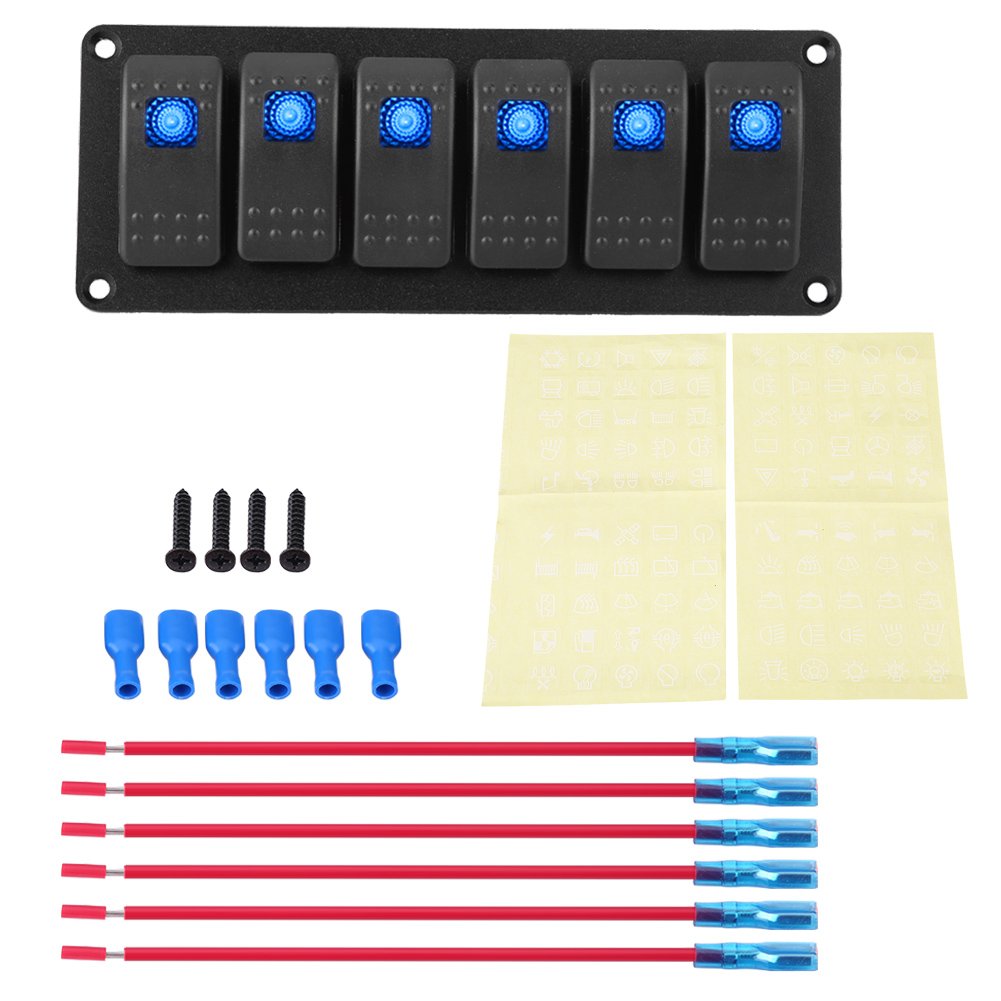 6 Gang Rocker Switch Panel with Decal Sticker Labels 12-24V - Waterproof Blue LED Toggle Control Panel for Car, Marine Boat, Trailer, RV, Truck - Perfect for Off-Roading, Camping & Vehicle Customization