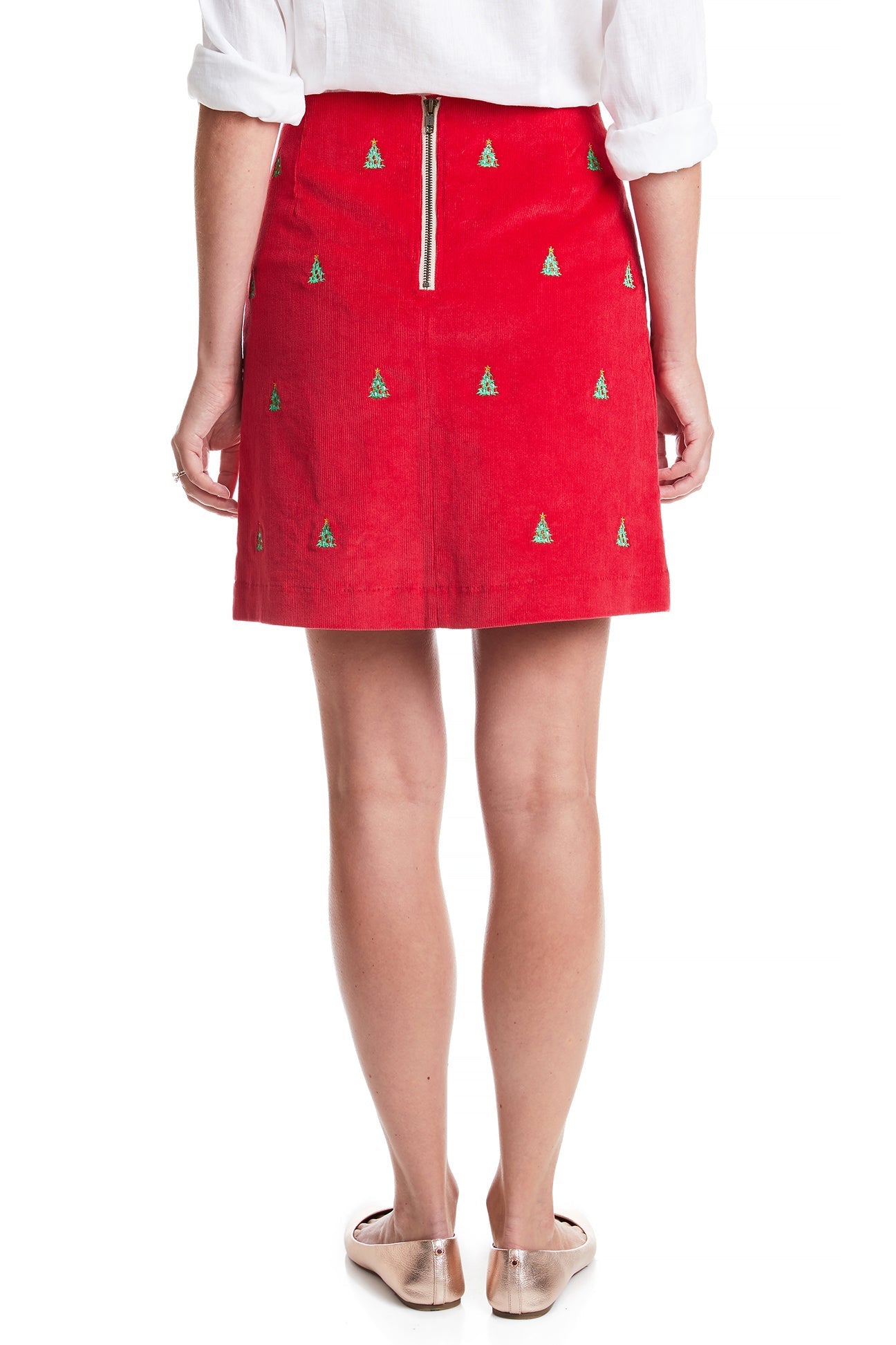Women's Corduroy Skirt in Crimson Red with Christmas Tree Print - Perfect for Holiday Parties & Festive Outfits