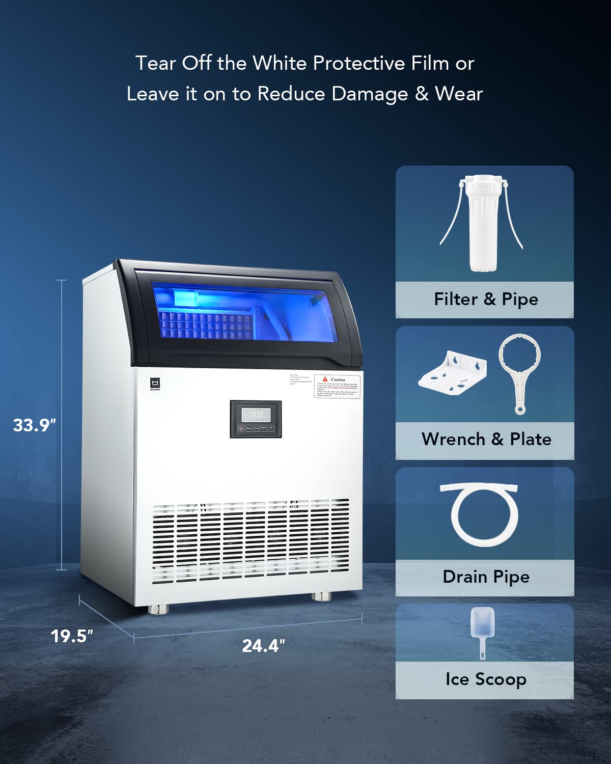 Commercial Ice Maker Machine - 265lbs/24H, 55lbs Storage, Stainless Steel Clear Ice Cube Maker with 126pc Tray & LCD Smart Control - Perfect for Restaurants, Kitchens, Coffee Shops, Bars, and Commercial Use