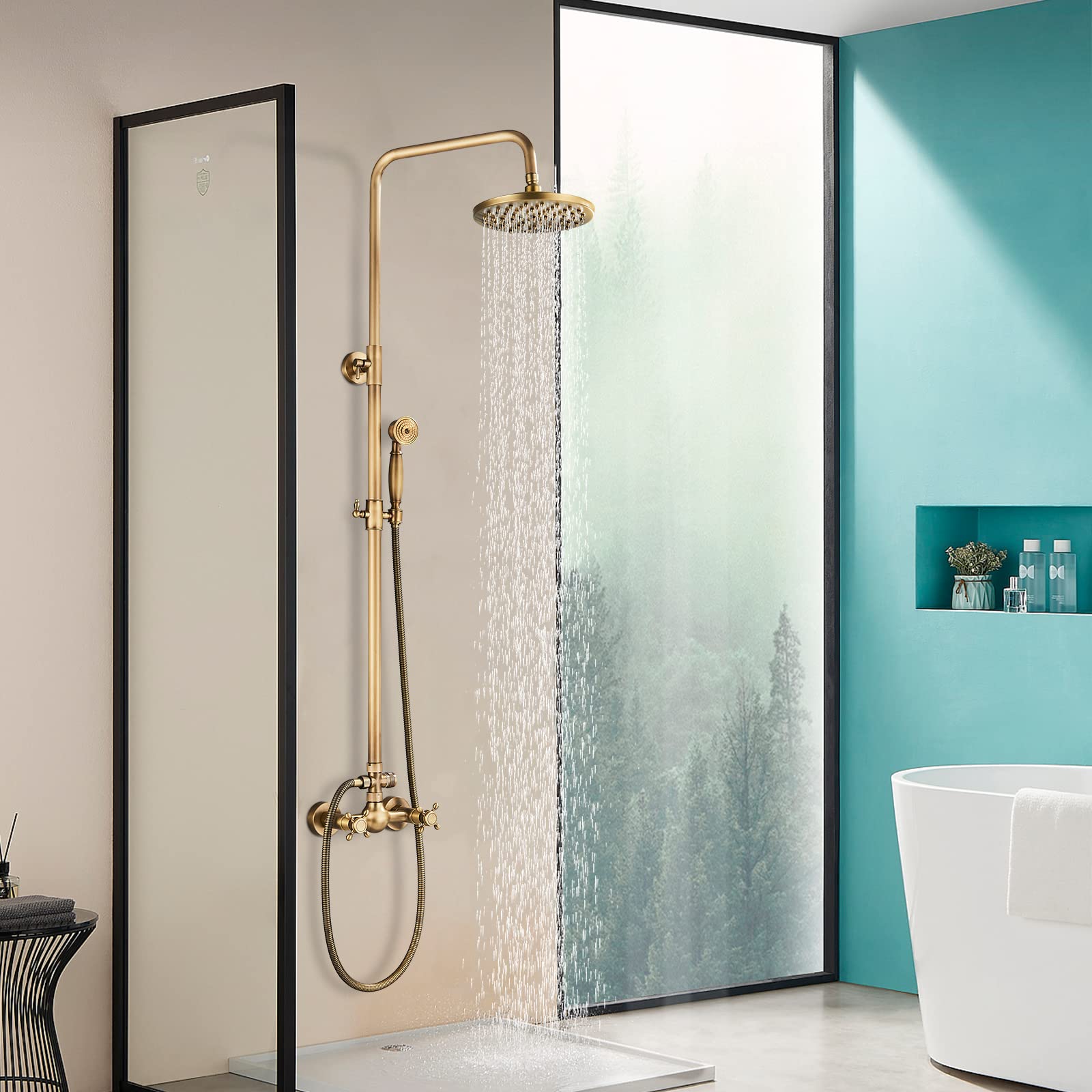 Antique Brass Shower Faucet System Set - 8 Inch Rainfall Shower Head & Handheld Spray with 2 Knobs Mixing Valve - Perfect for Bathroom Renovation & Luxury Spa Experience