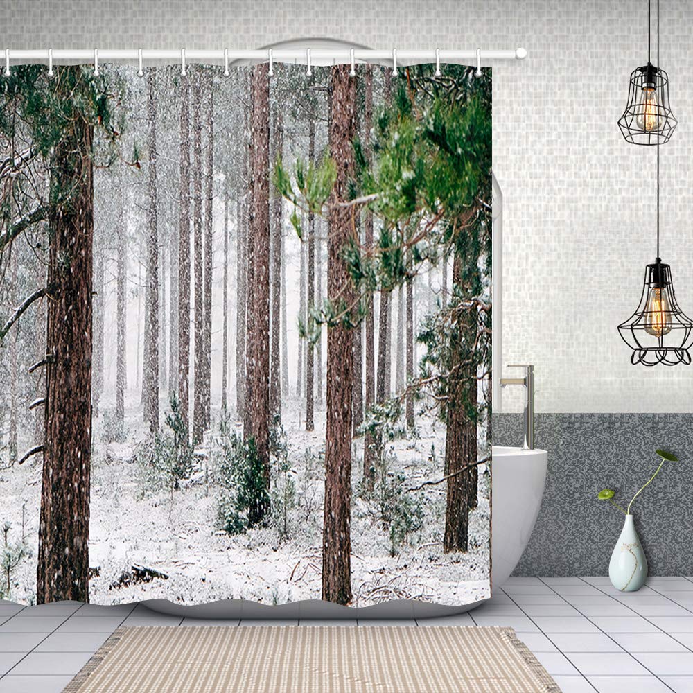 Rustic Woodland Farm Tree Shower Curtain - Waterproof Pine Tree Forest Design with Snowy Twig Branches, 70x70 Inch Bathroom Decor for Cabin, Farmhouse or Nature-Themed Bathrooms - Includes 12 Hooks for Easy Installation