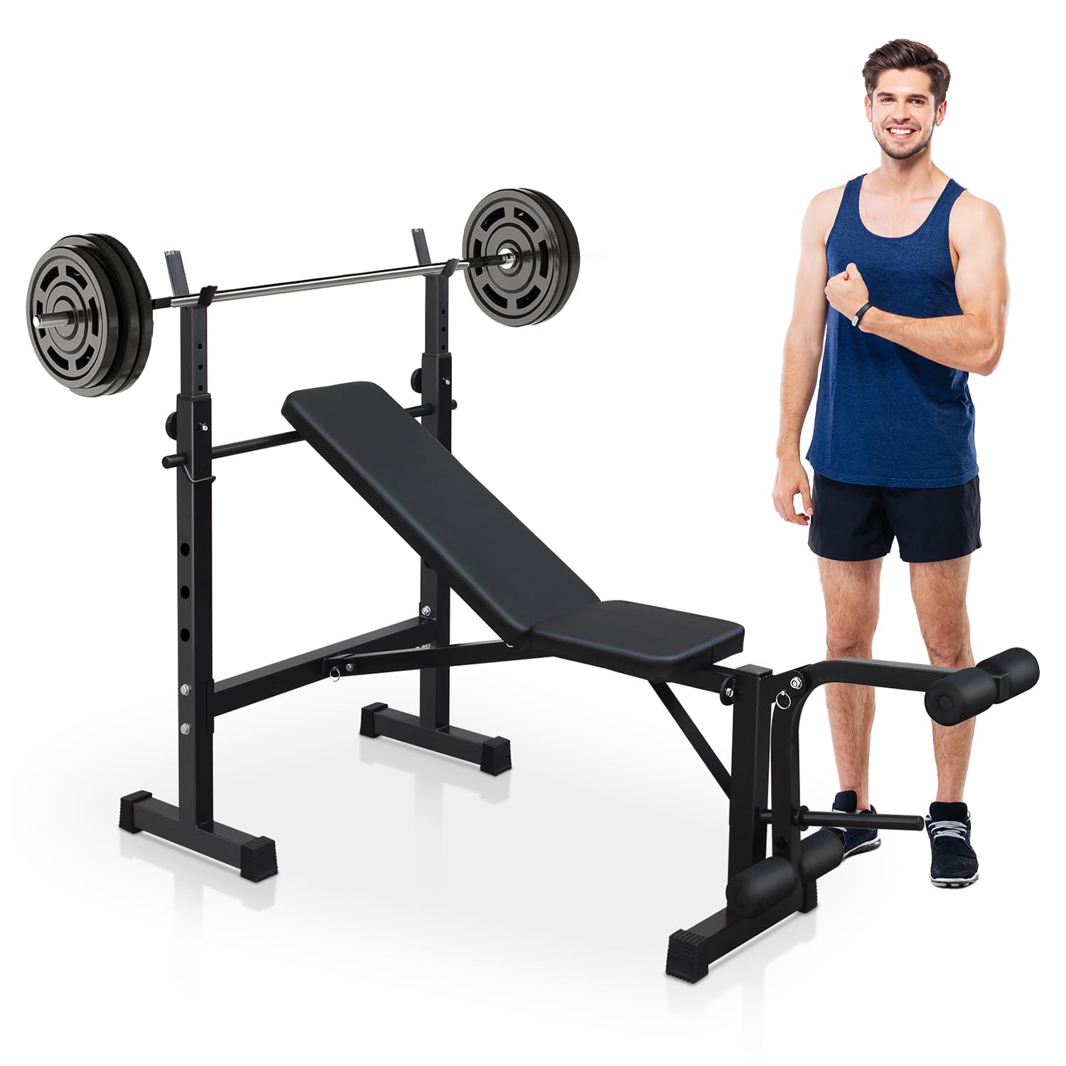 Adjustable Weight Bench with Squat Rack - Foldable Olympic Bench Press Set for Home Gym, Strength Training Equipment with Leg Developer - Perfect for Full-Body Workouts, Strength Building & Home Fitness Training