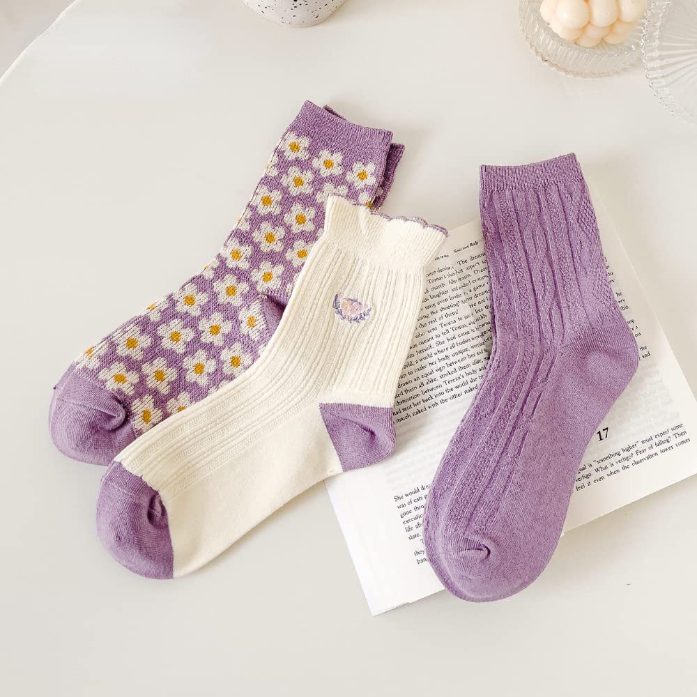Nigeiyeme Women's 3-Pack Cute Japanese Fashion Crew Socks - Soft, Warm Cotton Socks with Fun Designs for Casual Wear, Work, and Everyday Comfort