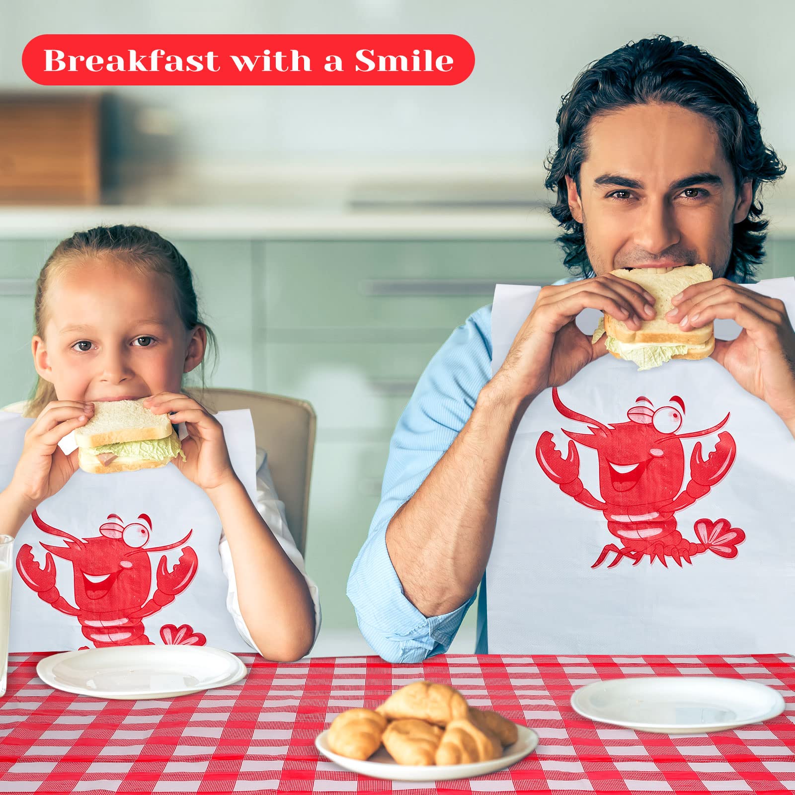 30 Pcs Disposable Crawfish Bibs & 2 Pcs 54x108 Inch Red Gingham Tablecloths - Crawfish Boil Party Set for Seafood Restaurants, Picnics, Outdoor Gatherings & Summer BBQs