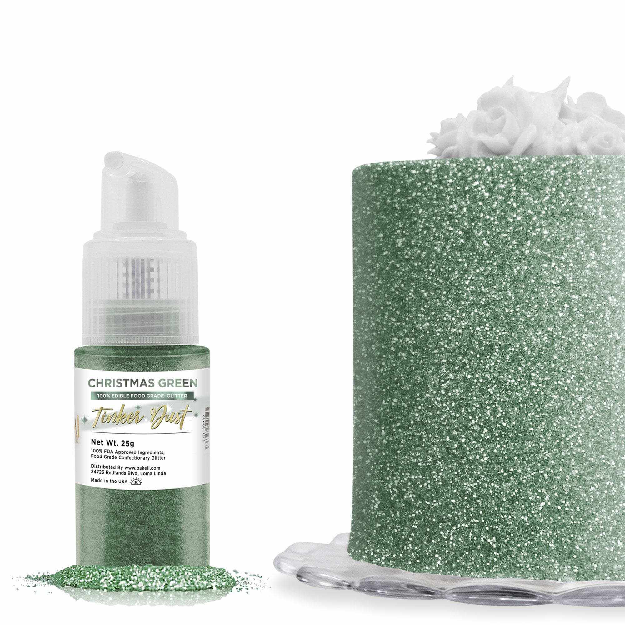 Tinker Dust® Christmas Green Edible Glitter Spray - 25g Pump Bottle for Cake Decorating, Cupcakes & Holiday Baking