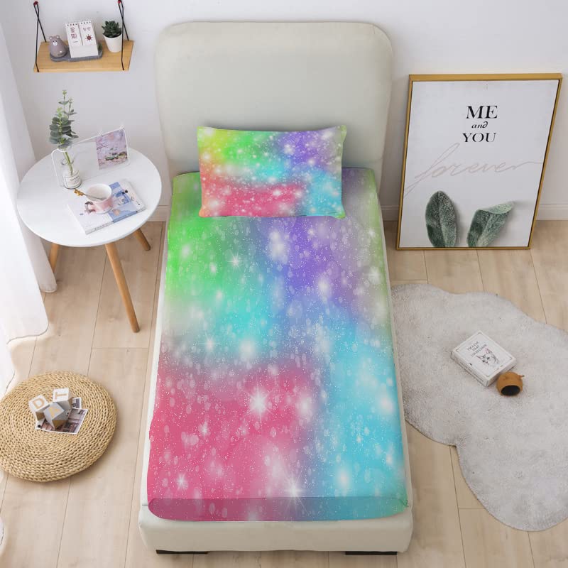 Yasida Rainbow Twin Bed Sheets Set - Soft Microfiber Fitted Sheet & Flat Sheet for Girls, Pastel Tie Dye Glitter Design, Colorful Kids Bedding Decor - Perfect for Girls' Rooms, Sleepovers & Birthday Gifts