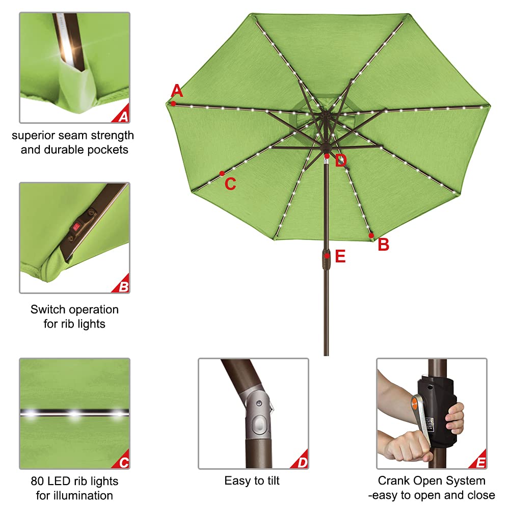 EliteShade USA 10-Year Fade-Resistant 9ft Solar LED Market Umbrella - 80 Energy-Efficient Lights, Ventilated Patio Umbrella for Outdoor Dining, Poolside, Garden & Backyard - Macaw Green