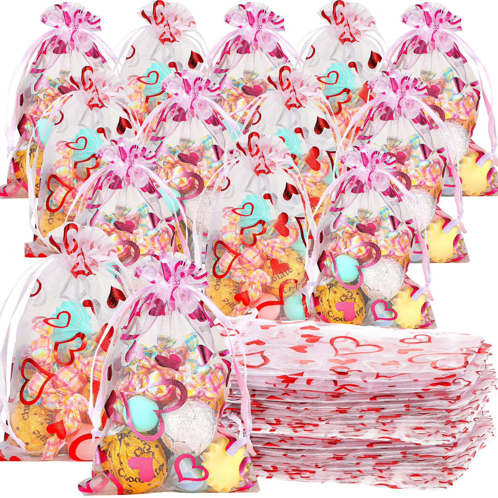 Shappy 100-Pack White Heart Organza Bags 4x6 Inch - Elegant Jewelry Pouches, Candy & Cookie Packaging for Valentine's Day, Weddings, Mother's Day Gifts & Party Favors