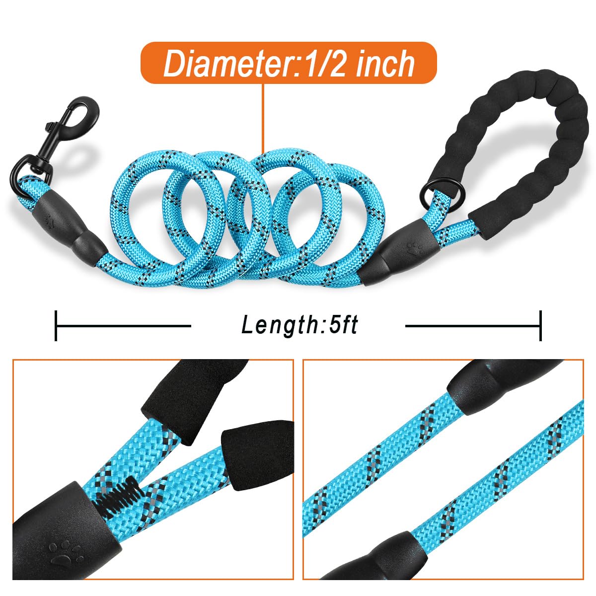BARKBAY Heavy Duty Dog Leash 2 Pack - 5FT Reflective Dog Leashes for Large Dogs with Comfortable Padded Handle, Durable Training Leash for Walking, Running & Outdoor Adventures (Blue + Black)