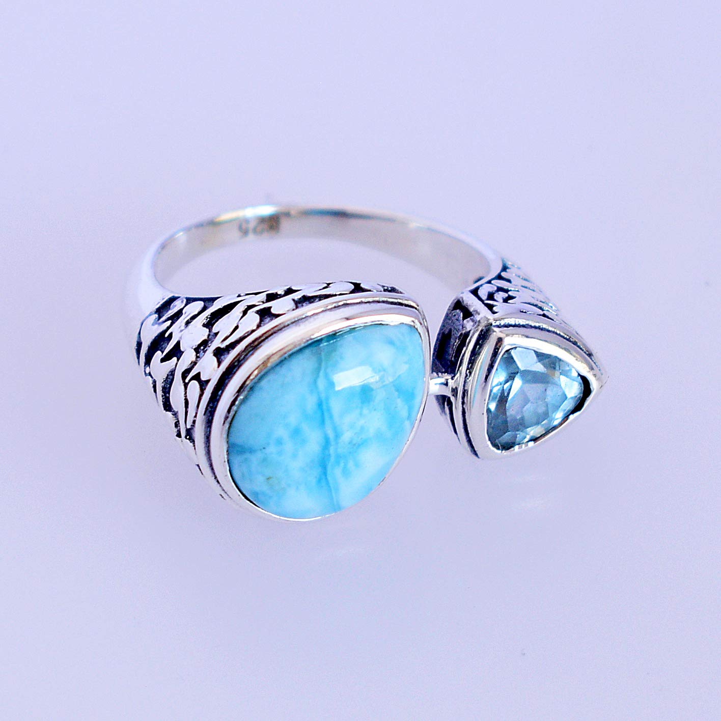 Larimar & Blue Topaz Gemstone 925 Sterling Silver Ring - Handmade Jewelry for Women, Birthday Gift, Anniversary Present - Perfect for Beach Weddings, Date Nights & Special Occasions