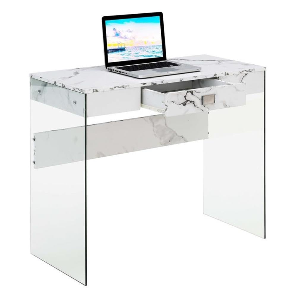 UrbanPro Contemporary 36-Inch Glass Desk with Clear Tempered Glass Top & White Faux Marble Base - Perfect for Home Office, Study Room, or Modern Workspace