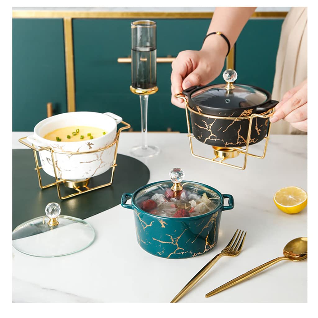 2 Quart Round Chafing Dish Set - Ceramic Marble Finish with Glass Lid for Weddings & Buffets