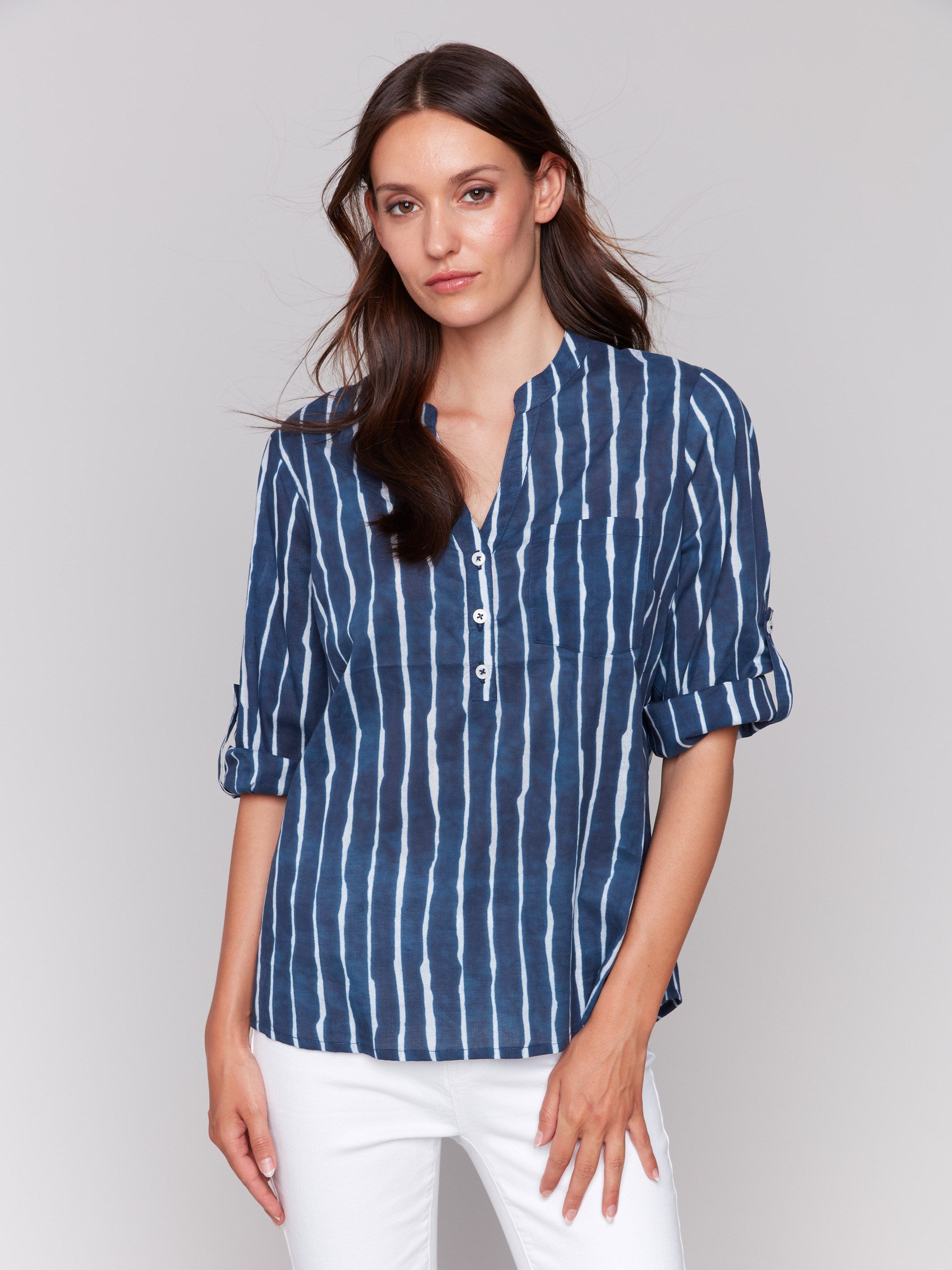 Stylish Printed Cotton Half Button Blouse in Indigo - Perfect for Casual Outings & Office Wear