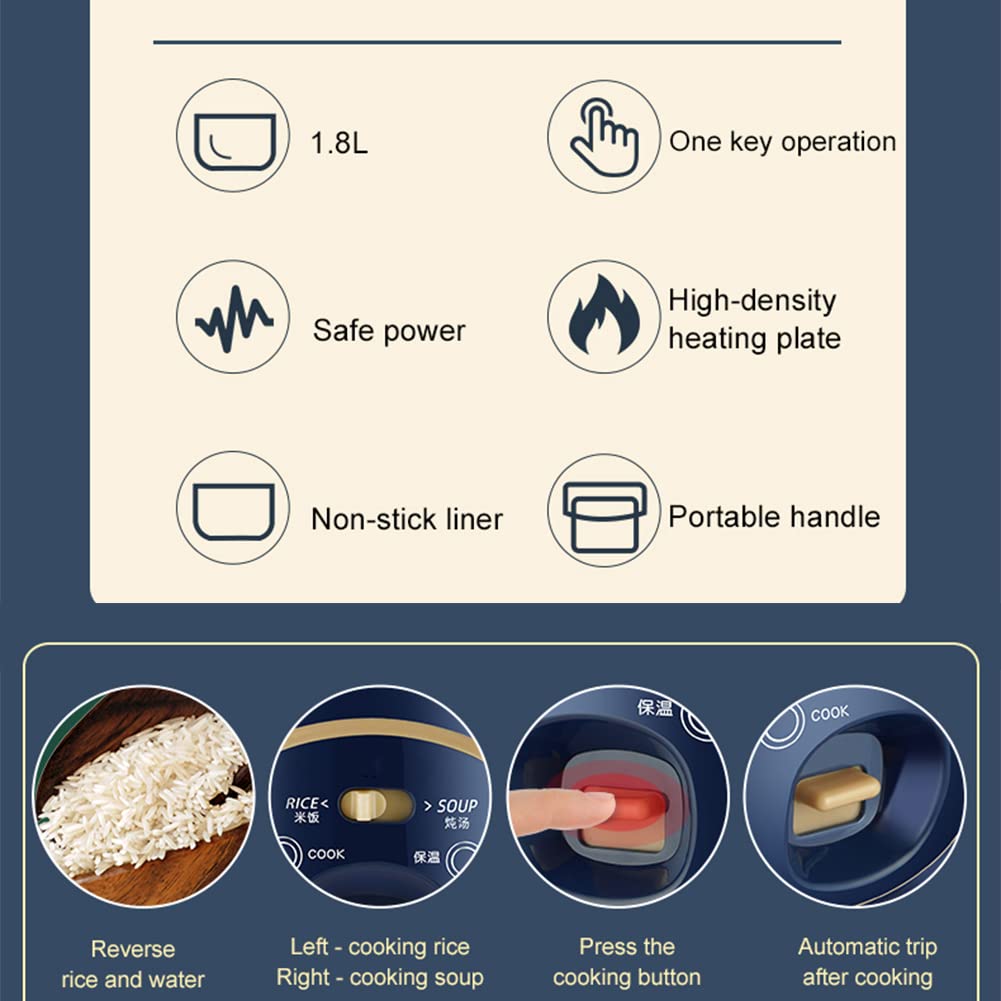 1.8L Mini Rice Cooker & Electric Lunch Box - Portable Non-Stick Pot with Keep Warm Function - Perfect for 1-3 People - 220V Blue - Ideal for Dorm, Office & Small Kitchen Cooking
