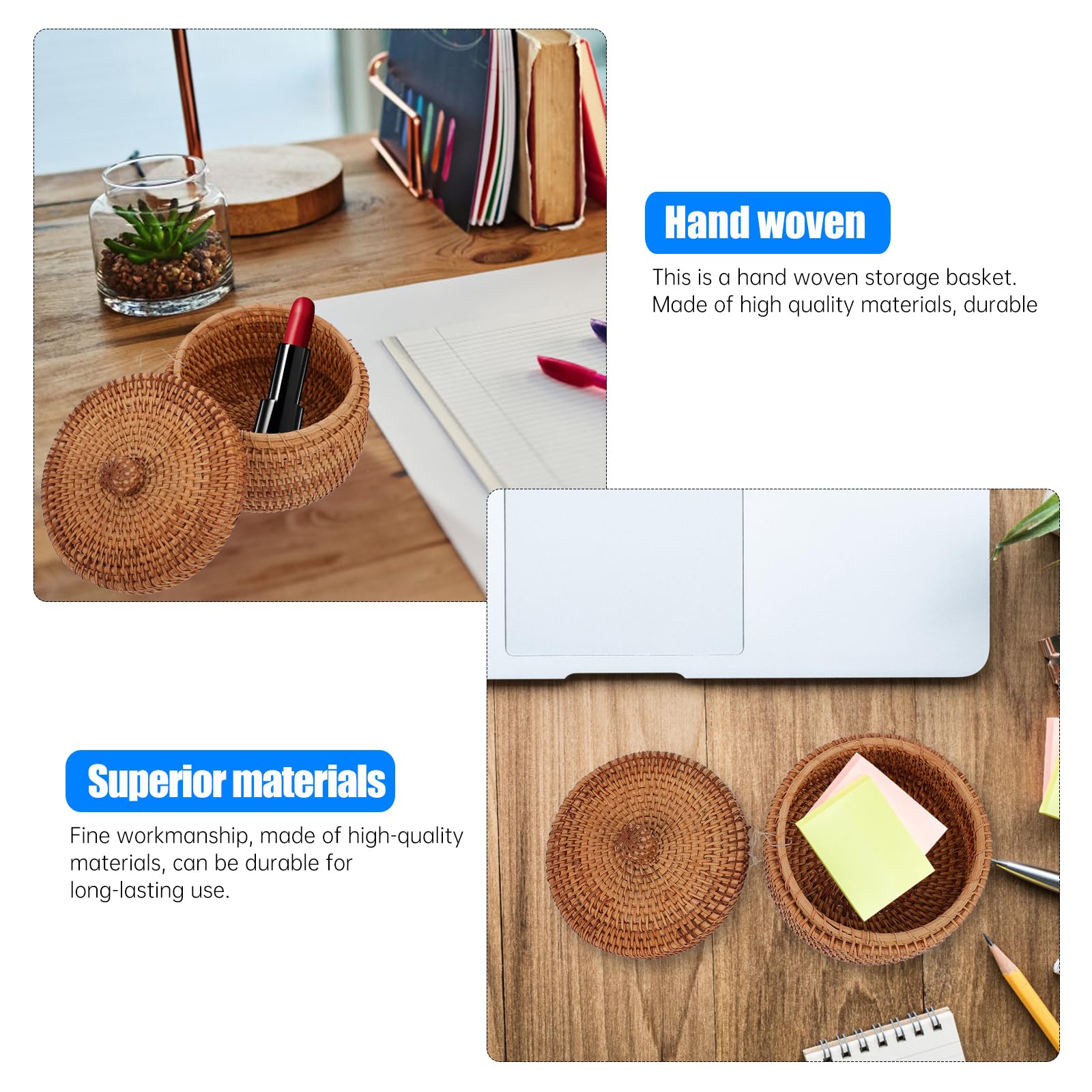 Mini Rattan Storage Basket with Lid - Handwoven Small Round Seagrass Box for Bathroom, Kitchen, Desk & Toy Organization - Natural Woven Decorative Storage Bin for Home Decor
