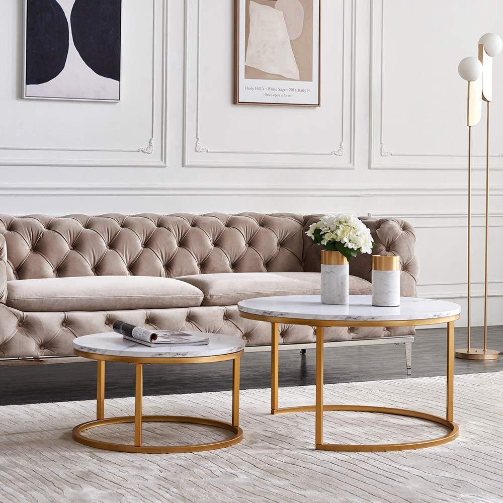 2-Piece Nesting Round Coffee Table Set - Modern End Table with Gold Metal Frame & Faux Marble Top - Light Luxury Style Sofa Table for Living Room, Apartment - Perfect for Small Spaces & Contemporary Decor
