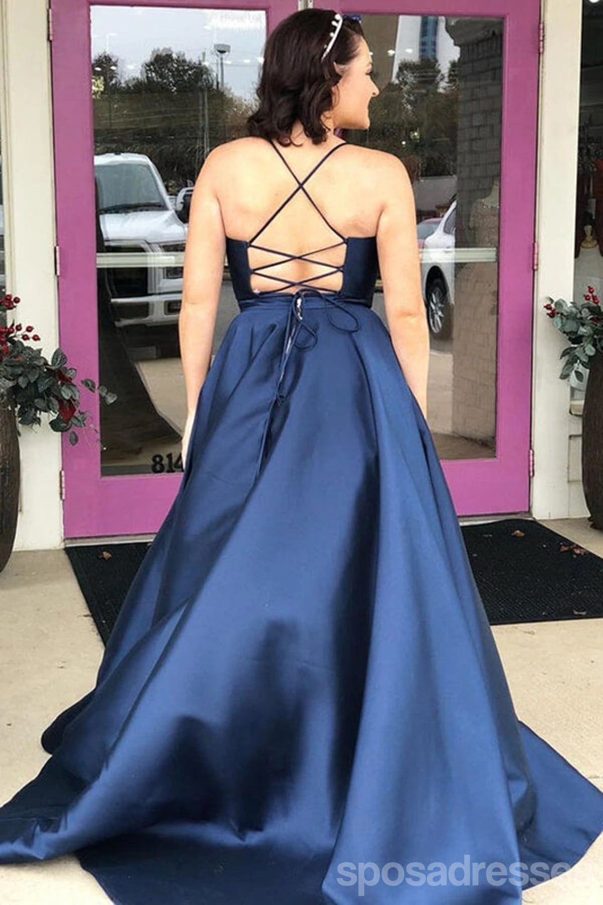 **Elegant Navy Blue A-Line Spaghetti Strap V-Neck Long Prom Dress for Women – Perfect for Homecoming, Formal Dances & Special Occasions**