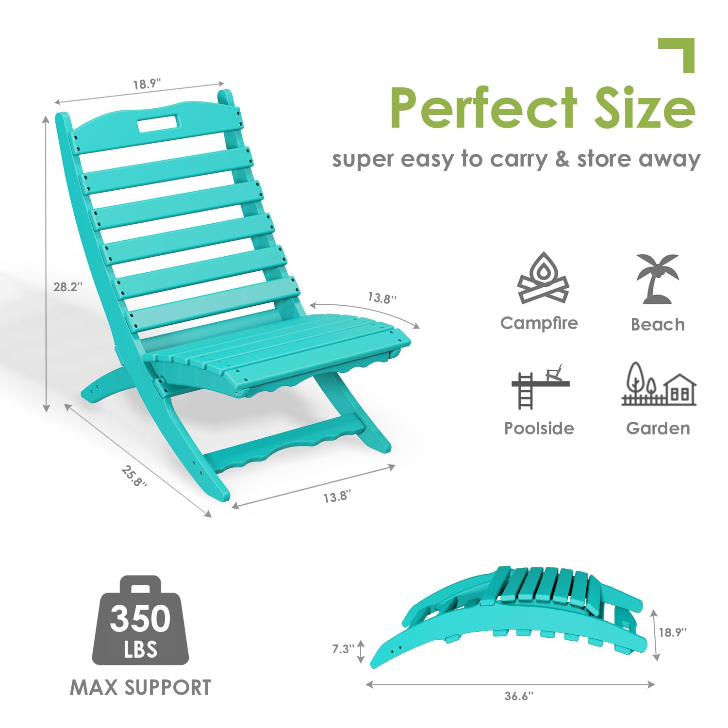 4-Pack Folding Xavier Chairs | Wave Design HDPE Plastic Adirondack Chairs | All-Weather Outdoor Chairs for Beach, Poolside, Deck, Garden, Patio & Camping | Portable Fire Pit Seating | Aqua Blue Color