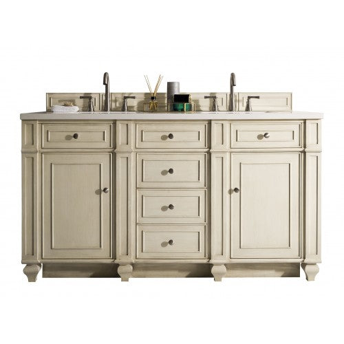 Bristol 60 Inch Double Bathroom Vanity with 3CM Classic White Quartz Countertop - Vintage Vanilla Finish for Modern Farmhouse & Traditional Bathroom Decor