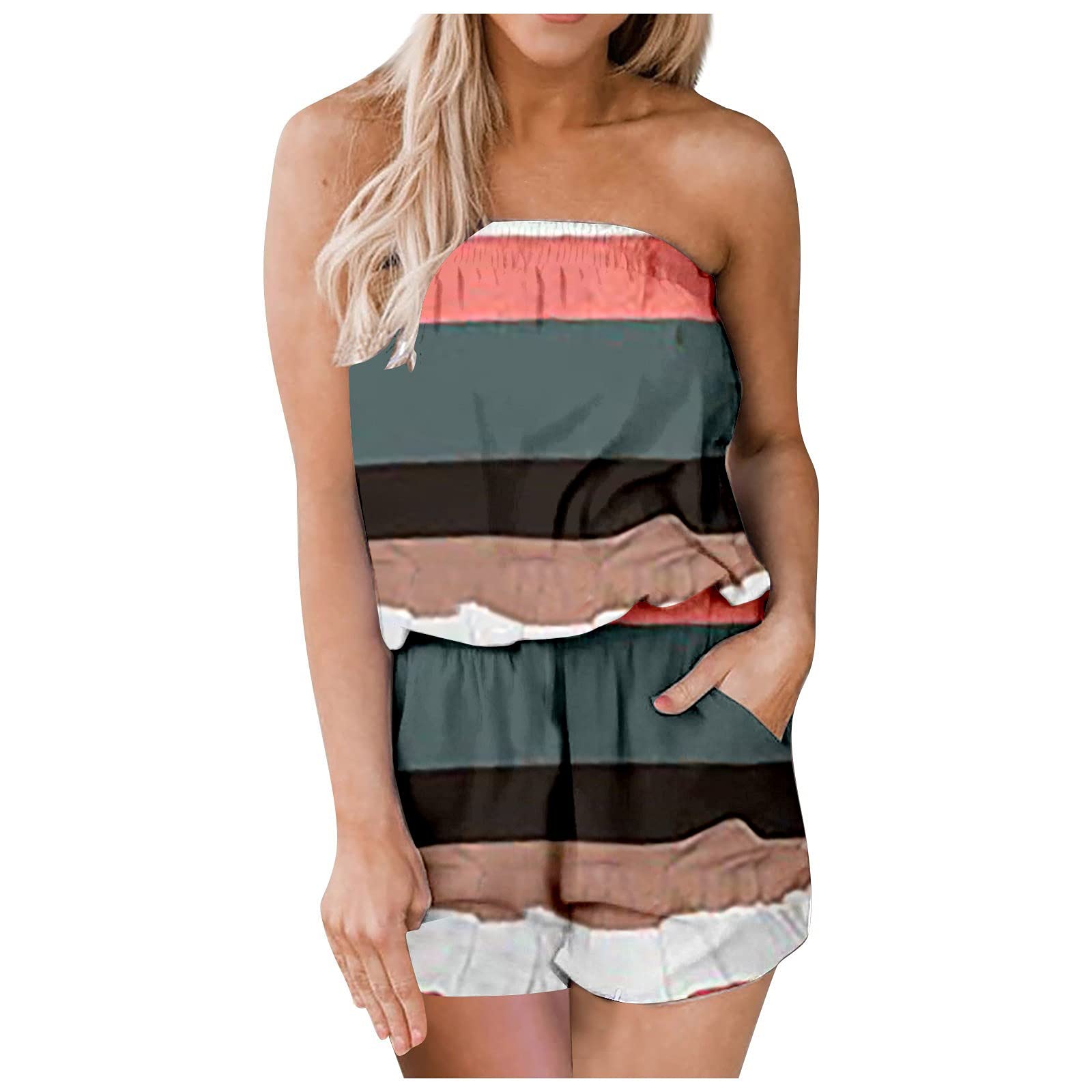 Women's Summer Jumpsuit - Sexy One-Shoulder Printed Striped Romper with Pockets | Casual Beachwear & Party Outfit for Ladies