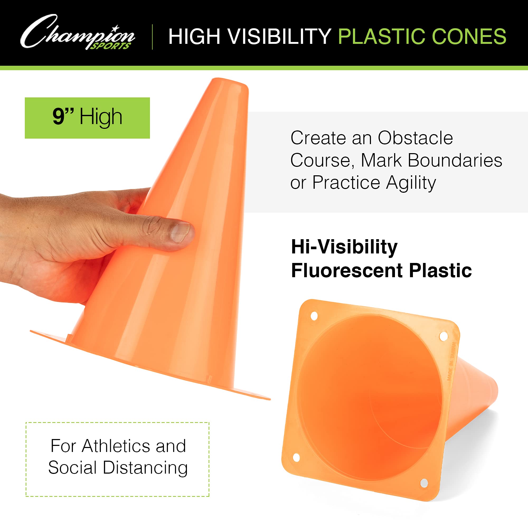 Champion Sports High Visibility Fluorescent Poly Cones - Bright Safety Markers for Sports Training, Traffic Control & Outdoor Events