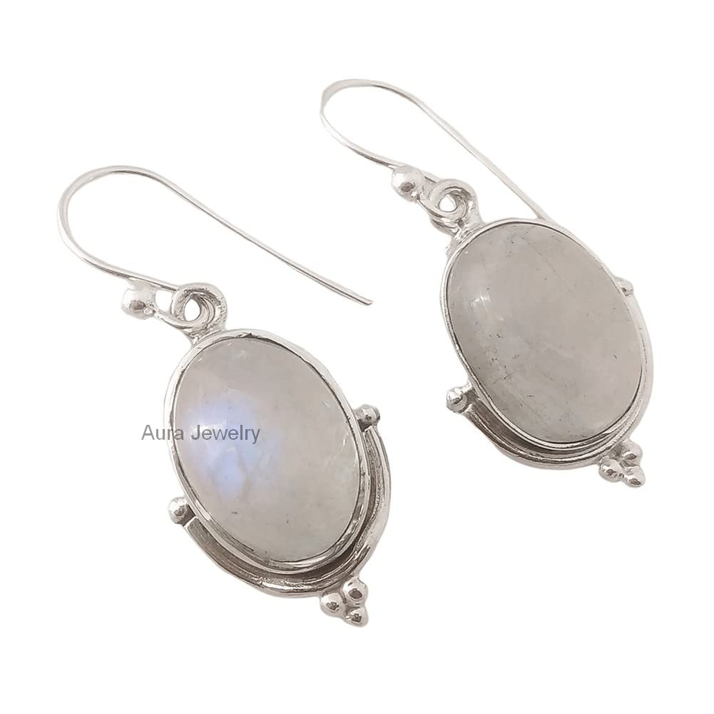 925 Sterling Silver Moonstone Earrings for Women - Genuine June Birthstone Dangle Earrings with Oval White Gemstone, Hypoallergenic Bezel Set Statement Jewelry | Perfect Christmas Gift, Birthday Present & Everyday Elegance