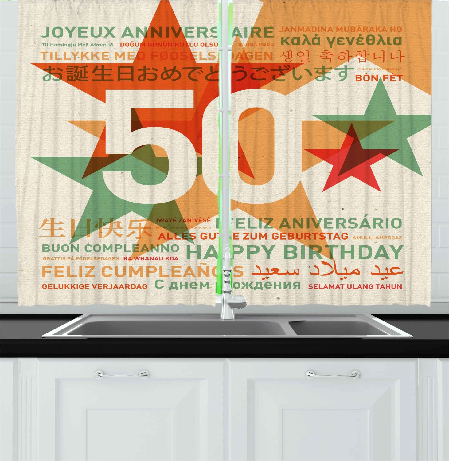 Ambesonne 50th Birthday Kitchen Curtains Set of 2 - Retro Stars Print Happy Birthday Multilingual Drapes with Rod Pocket, 55x45 Inches, Green Red Orange - Perfect for Party Decorations & Vintage Home Decor