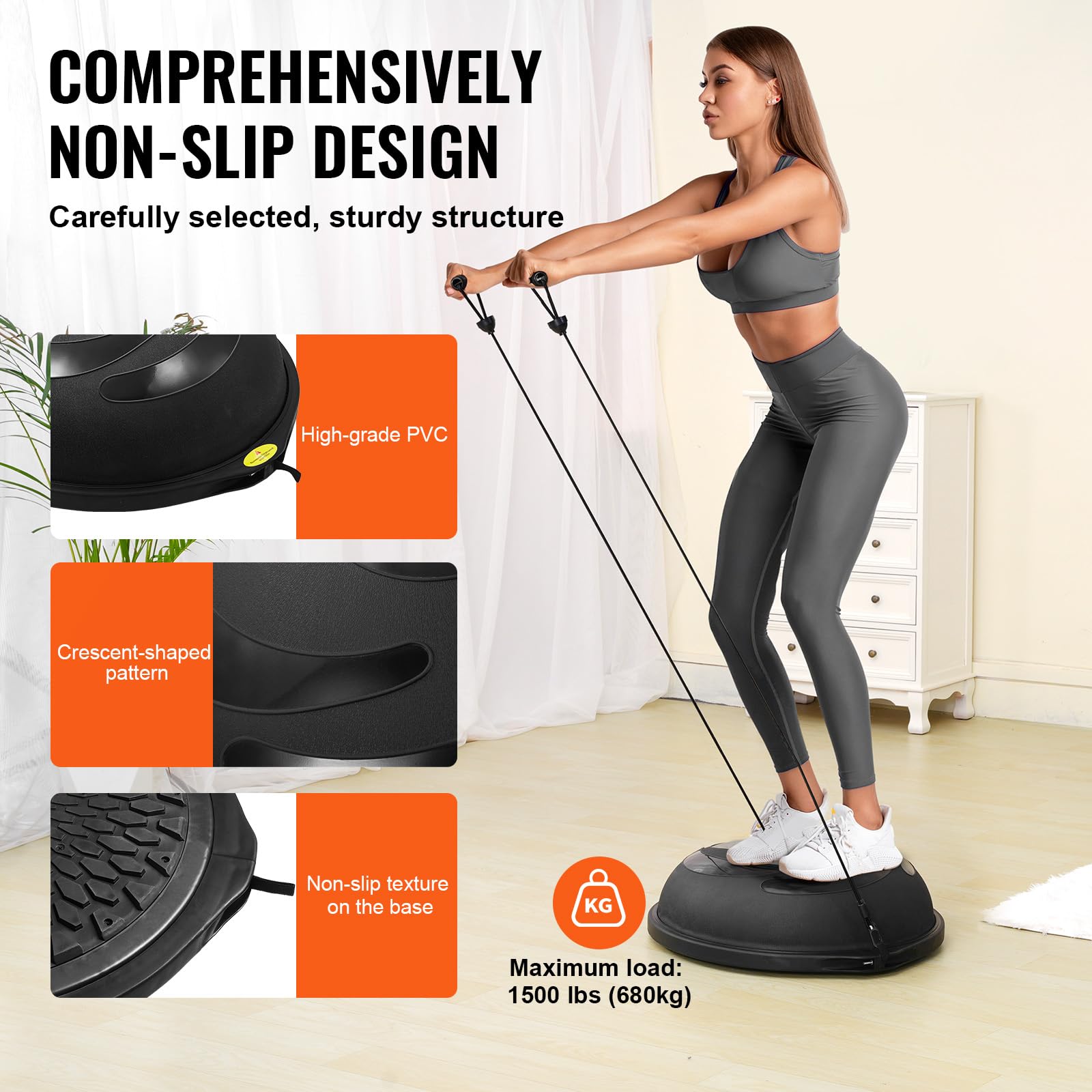 VEVOR 23/26 Inch Half Exercise Ball Trainer - 1500lbs Capacity Stability & Balance Ball with Resistance Bands & Foot Pump - Yoga Fitness Ball for Home Gym, Core Workouts, Pilates, Physical Therapy - Black