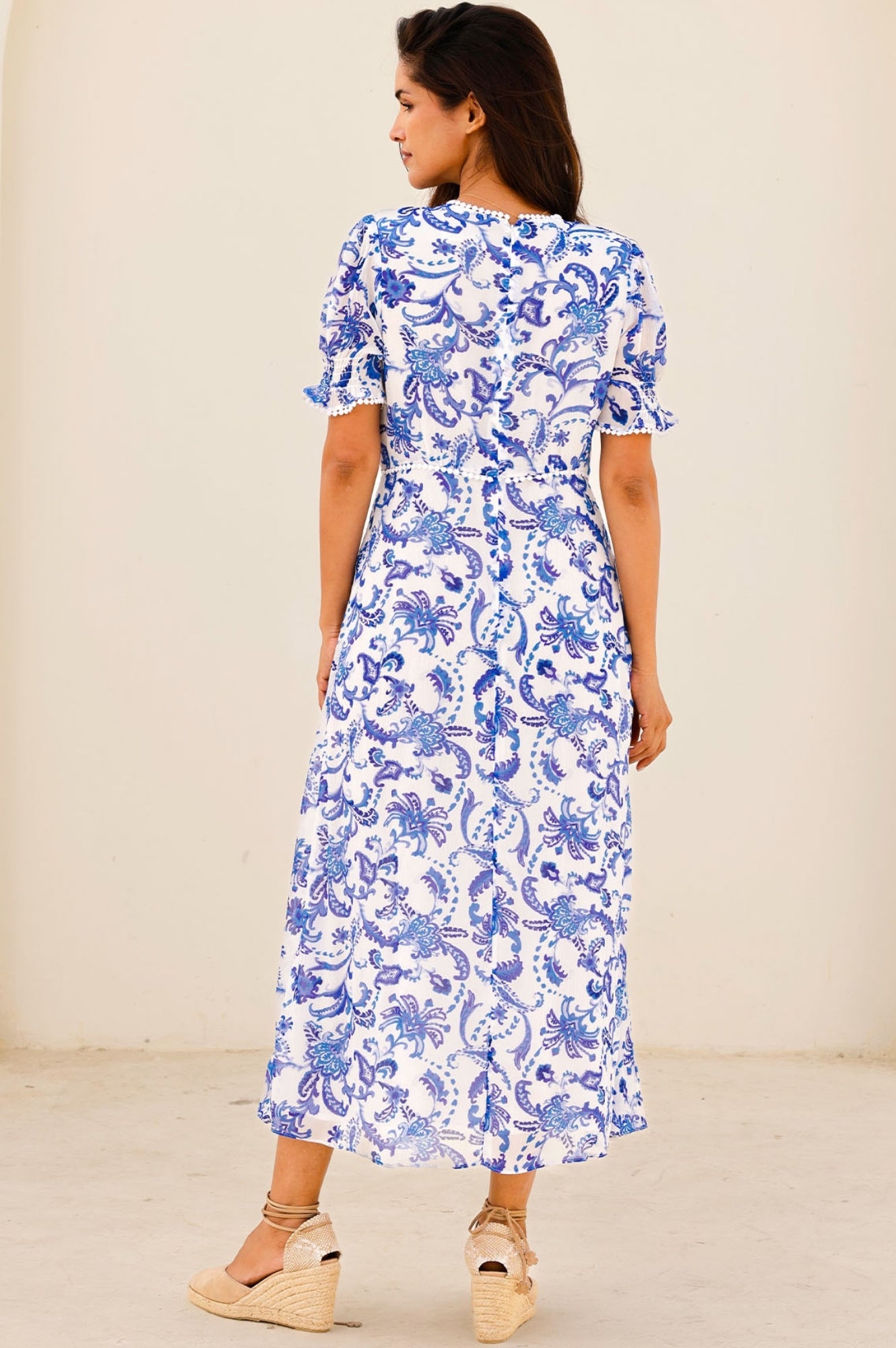 Short Sleeve Sally Anne Dress - Paisley Floral Print in White & Blue | Casual Summer Dress for Women, Perfect for Beach Outings and Garden Parties