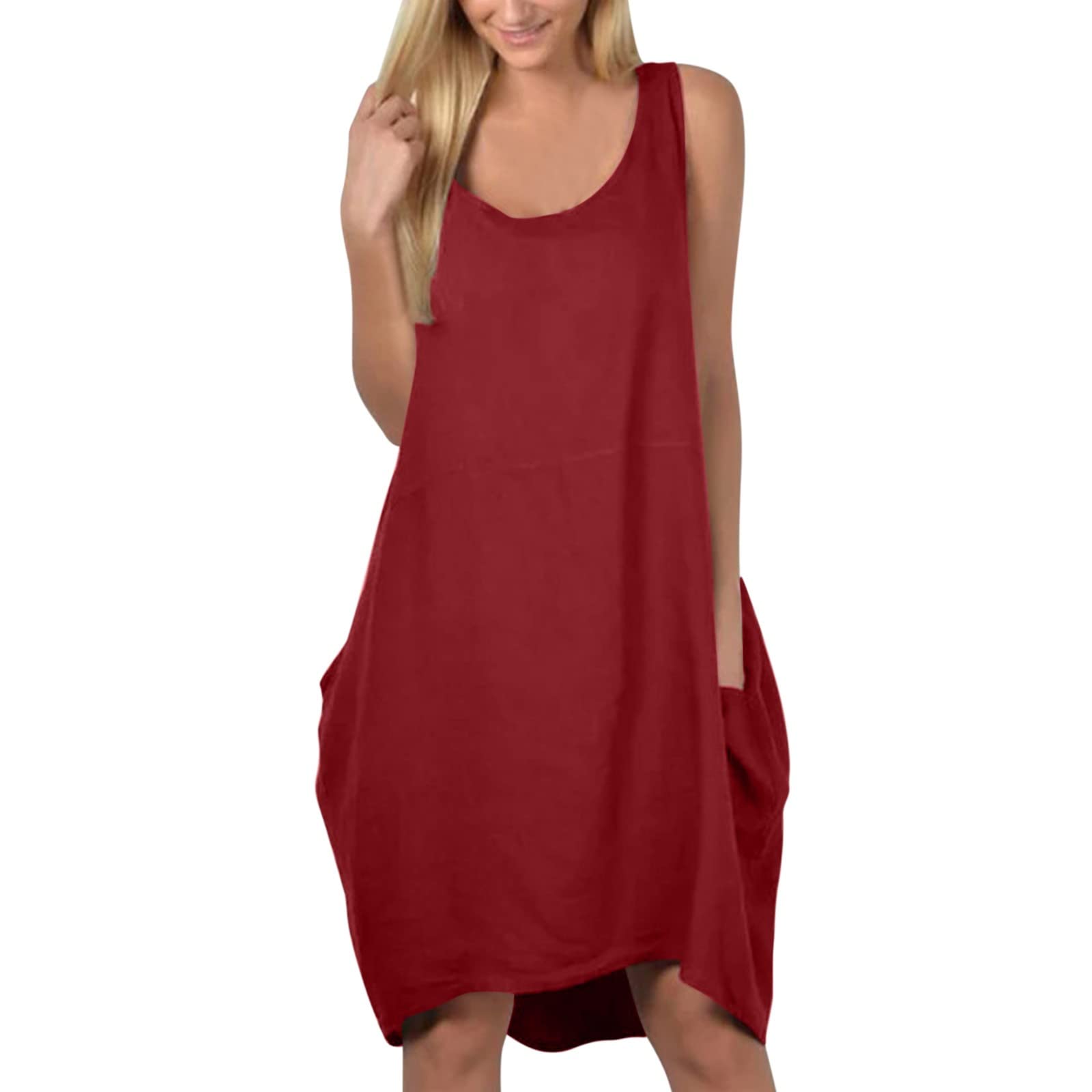 Women's Casual Solid Round Neck Sleeveless Loose Pocket Beach Dress - Perfect for Summer Vacations, Pool Parties, and Tropical Getaways