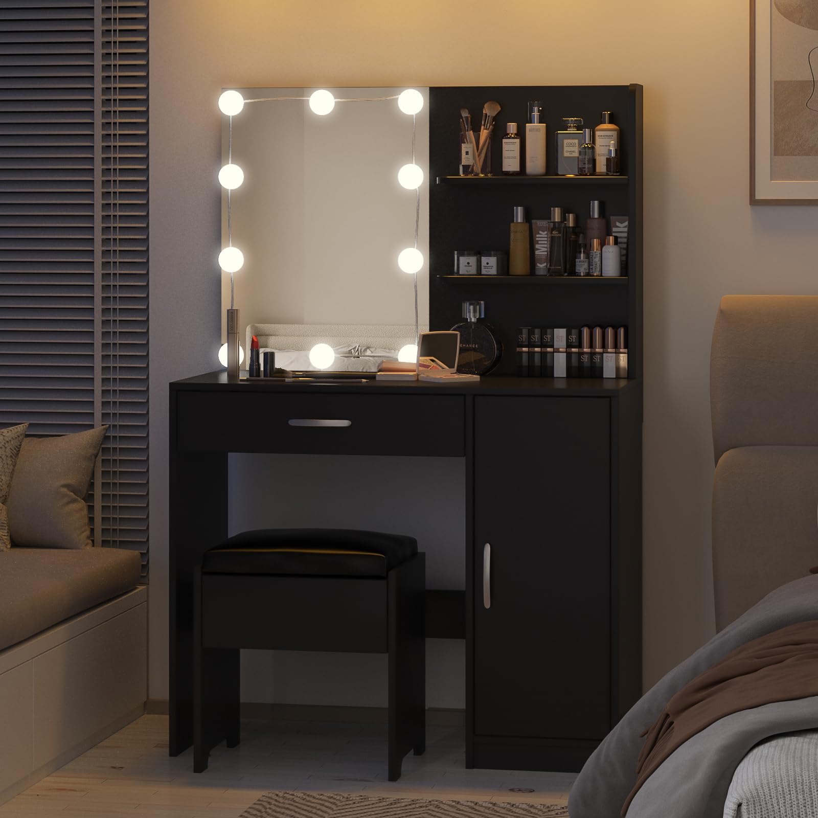Lighted Makeup Vanity Desk with Mirror, Storage Drawers & Cabinet - Dressing Table for Bedroom & Bathroom (Black) | Perfect for Beauty Routine, Makeup Organization & Small Space Decor